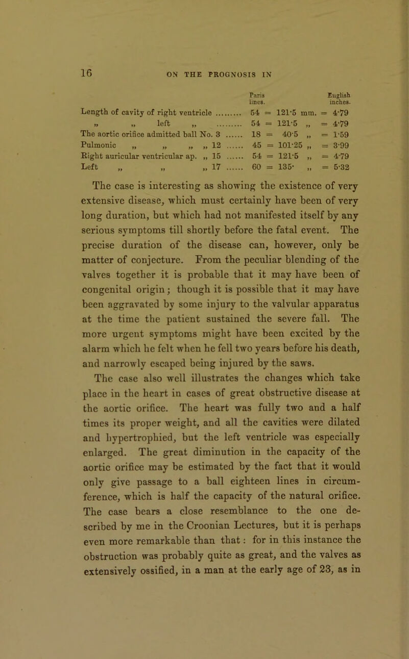 13 left ,1 The aortic orifice admitted ball! Pulmonic „ „ „ Right auricular ventricular ap. Left Paris English lines. inches. k 121’5 mm. = 4-79 ... 54 = 121-5 = 4-79 1. 3 ... ... 18 = 40-5 if = 1-59 12 ... ... 45 = 101-25 = 3-99 15 ... ... 54 = 121-5 »» = 4-79 17 ... ... 60 - 135- it = 5-32 The case is interesting as showing the existence of very extensive disease, which must certainly have been of very long duration, but which had not manifested itself by any serious symptoms till shortly before the fatal event. The precise duration of the disease can, however, only be matter of conjecture. From the peculiar blending of the valves together it is probable that it may have been of congenital origin; though it is possible that it may have been aggravated by some injury to the valvular apparatus at the time the patient sustained the severe fall. The more urgent symptoms might have been excited by the alarm which he felt when he fell two years before his death, and narrowly escaped being injured by the saws. The case also well illustrates the changes which take place in the heart in cases of great obstructive disease at the aortic orifice. The heart was fully two and a half times its proper weight, and all the cavities were dilated and hypertrophied, but the left ventricle was especially enlarged. The great diminution in the capacity of the aortic orifice may be estimated by the fact that it would only give passage to a ball eighteen lines in circum- ference, which is half the capacity of the natural orifice. The case bears a close resemblance to the one de- scribed by me in the Croonian Lectures, but it is perhaps even more remarkable than that: for in this instance the obstruction was probably quite as great, and the valves as extensively ossified, in a man at the early age of 23, as in