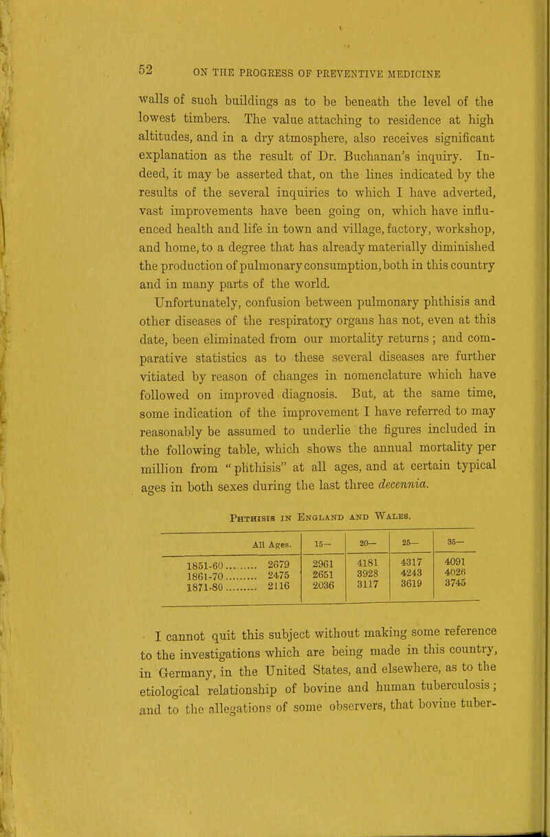 walls of such buildings as to be beneath the level of the lowest timbers. The value attaching to residence at high altitudes, and in a dry atmosphere, also receives significant explanation as the result of Dr. Buchanan's inquiry. In- deed, it may be asserted that, on the lines indicated by the results of the several inquiries to which I have adverted, vast improvements have been going on, which have influ- enced health and life in town and village, factory, workshop, and home, to a degree that has already materially diminished the production of pulmonary consumption, both in this country and in many parts of the world. Unfortunately, confusion between pulmonary phthisis and other diseases of the respiratory organs has not, even at this date, been eliminated from our mortality returns ; and com- parative statistics as to these several diseases are further vitiated by reason of changes in nomenclature which have followed on improved diagnosis. But, at the same time, some indication of the improvement I have referred to may reasonably be assumed to underlie the figures included in the following table, which shows the annual mortality per million from  phthisis at all ages, and at certain typical ages in both sexes during the last three decennia. Phthisis in England and Wales. All Ages. 15— 20— 25— 36— 1851-60... 1861-70... 1871-80 2679 2475 2116 2961 2651 2036 4181 3928 3117 4317 4243 3619 4091 4020 3745 I cannot quit this subject without making some reference to the investigations which are being made in this country, in Germany, in the United States, and elsewhere, as to the etiological relationship of bovine and human tuberculosis; and to the allegations of some observers, that bovine tuber-