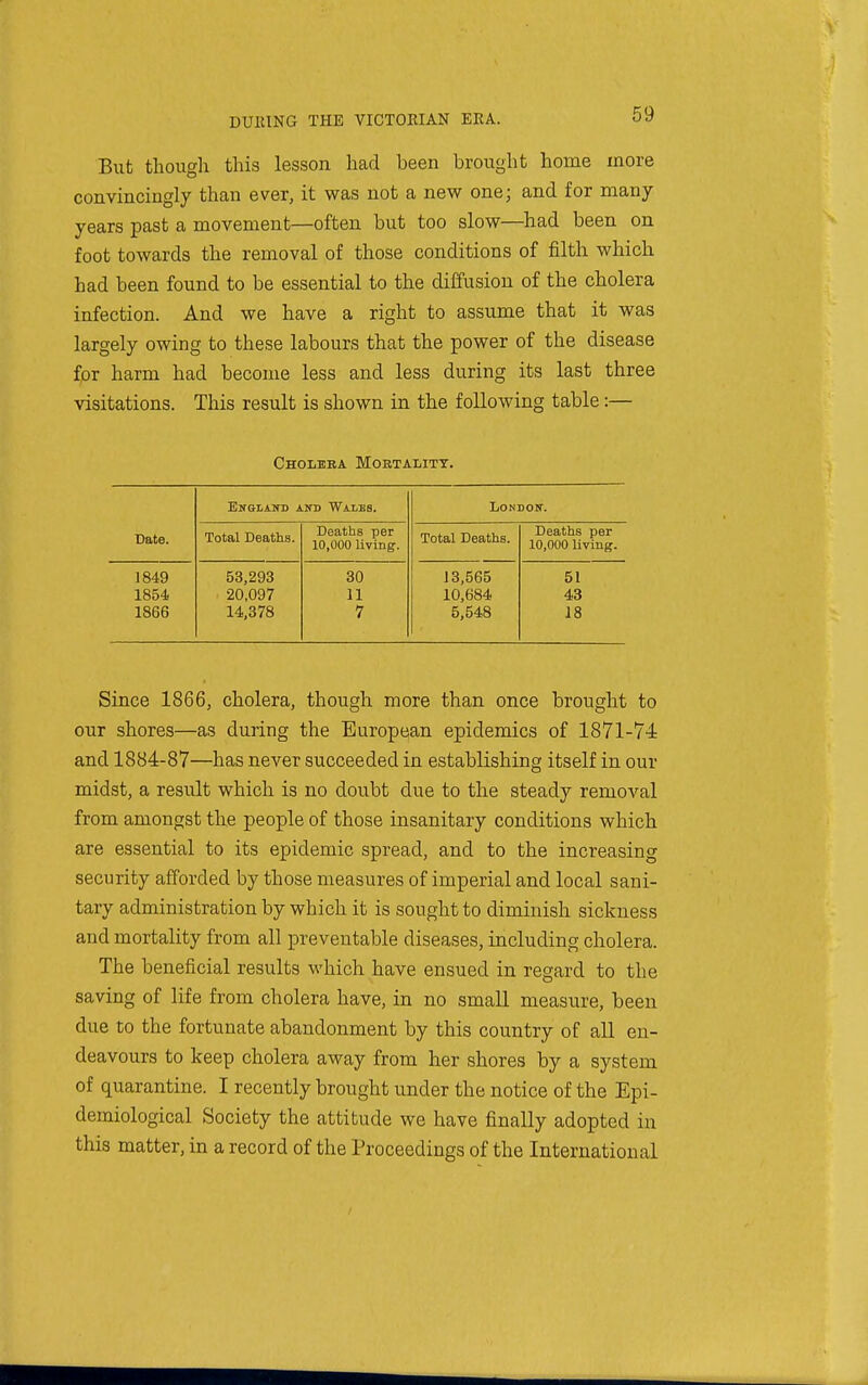 But though this lesson had been brought home more convincingly than ever, it was not a new one; and for many years past a movement—often but too slow—had been on foot towards the removal of those conditions of filth which had been found to be essential to the diffusion of the cholera infection. And we have a right to assume that it was largely owing to these labours that the power of the disease for harm had become less and less during its last three visitations. This result is shown in the following table:— Cholera Mortality. EiTOLAlTD AND WALES. LoNDoir. Date. Total Deaths. Deaths per 10,000 living. Total Deaths. Deaths per 10,000 living. 1849 1854 1866 53,293 •20,097 14,378 30 11 7 13,565 10,684 5,548 51 43 J8 Since 1866, cholera, though more than once brought to our shores—as during the European epidemics of 1871-74 and 1884-87—has never succeeded in establishing itself in our midst, a result which is no doubt due to the steady removal from amongst the people of those insanitary conditions which are essential to its epidemic spread, and to the increasing security afforded by those measures of imperial and local sani- tary administration by which it is sought to diminish sickness and mortality from all preventable diseases, including cholera. The beneficial results which have ensued in regard to the saving of life from cholera have, in no small measure, been due to the fortunate abandonment by this country of all en- deavours to keep cholera away from her shores by a system of quarantine. I recently brought under the notice of the Epi- demiological Society the attitude we have finally adopted in this matter, in a record of the Proceedings of the International