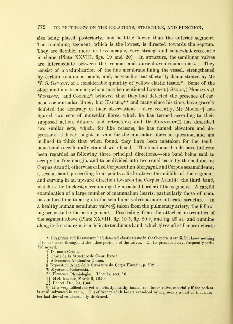 size being placed posteriorly, and a little lower than the anterior segment. The remaining segment, which is the lowest, is directed towards the septum. They are flexible, more or less opaque, very strong, and somewhat crescentic in shape (Plate XXVIII. figs. 19 and 20). In structure, the semilunar valves are intermediate between the venous and auriculo-ventricular ones. They consist of a reduplication of the fine membrane lining the vessel, strengthened by certain tendinous bands, and, as was first satisfactorily demonstrated by Mr W. S. Savory, of a considerable quantity of yellow elastic tissue.* Some of the older anatomists, among whom maybe mentioned Lancisci,! Senac,^: Morgagni,§ Winslow, || and CoorER,*j[ believed that they had detected the presence of car- neous or muscular fibres; but Haller,** and many since his time, have gravely doubted the accuracy of their observations. Very recently, Mr MooREff has figured two sets of muscular fibres, which he has termed according to their supposed action, dilators and retractors; and Dr Monneret];]; has described two similar sets, which, for like reasons, he has named elevators and de- pressors. I have sought in vain for the muscular fibres in question, and am inclined to think that when found, they have been mistaken for the tendi- nous bands accidentally stained with blood. The tendinous bands have hitherto been regarded as following three principal directions,—one band being said to occupy the free margin, and to be divided into two equal parts by the nodulus or Corpus Arantii, otherwise called Corpusculum Morgagni, and Corpus sesamoideum; a second band, proceeding from points a little above the middle of the segment, and curving in an upward direction towards the Corpus Arantii; the third band, which is the thickest, surrounding the attached border of the segment. A careful examination of a large number of mammalian hearts, particularly those of man, has induced me to assign to the semilunar valves a more intricate structure. In a healthy human semilunar valve§§ taken from the pulmonary artery, the follow- ing seems to be the arrangement. Proceeding from the attached extremities of the segment above (Plate XXVIII. fig. 19 b, fig. 20 x, and fig. 29 a), and running along its free margin, is a delicate tendinous band, which gives off still more delicate * Purkinge and Raeuschel had detected elastic tissue in the Corpora Arantii, but knew nothing of its existence throughout the other portions of the valves. Of its presence I have frequently satis- fied myself. f De motu Cordis. £ Traite de la Structure de Coeur, livre i. § Adversaria Anatomica Omnia. || Exposition Anat. de la Structure du Corps Humain, p. 592 % Myotomia Reformata. ** Elementa Physiologiee. Liber iv. sect. 10. ft Med. Gazette, March 8, 1850. + + Lancet, Dec. 29, 1850. §§ It is very difficult to get a perfectly healthy human semilunar valve, especially if the patient is at all advanced in years. Out of twenty adult hearts examined by me, nearly a half of that num- ber had the valves abnormally thickened.