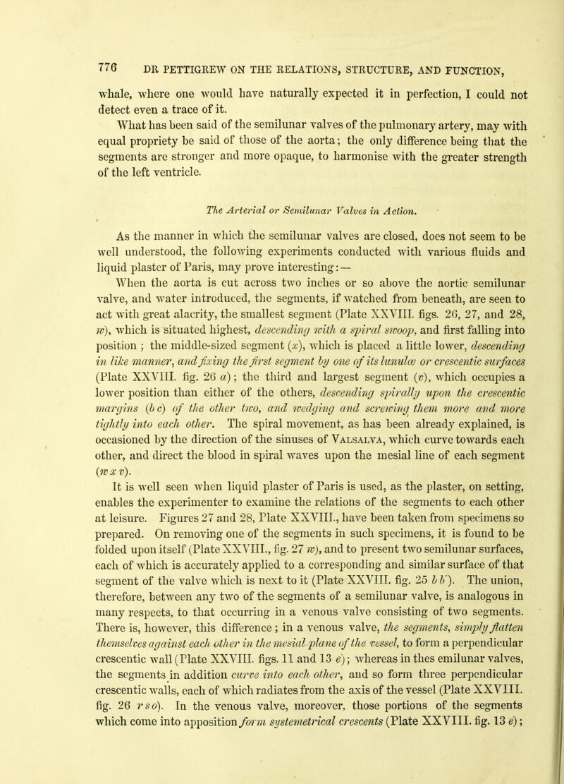 whale, where one would have naturally expected it in perfection, I could not detect even a trace of it. What has been said of the semilunar valves of the pulmonary artery, may with equal propriety be said of those of the aorta; the only difference being that the segments are stronger and more opaque, to harmonise with the greater strength of the left ventricle. The Arterial or Semilunar Valves in Action. As the manner in which the semilunar valves are closed, does not seem to be well understood, the following experiments conducted with various fluids and liquid plaster of Paris, may prove interesting: — When the aorta is cut across two inches or so above the aortic semilunar valve, and water introduced, the segments, if watched from beneath, are seen to act with great alacrity, the smallest segment (Plate XXVIII. figs. 26, 27, and 28, w), which is situated highest, descending with a spiral swoop, and first falling into position ; the middle-sized segment (a*), which is placed a little lower, descending in like manner, and fixing the first segment by one of its lunulas or crescentic surfaces (Plate XXVIII. fig. 26 a); the third and largest segment (v>), which occupies a lower position than either of the others, descending spirally upon the crescentic margins (b c) of the other two, and wedging and screwing them more and more tightly into each other. The spiral movement, as has been already explained, is occasioned by the direction of the sinuses of Valsalva, which curve towards each other, and direct the blood in spiral waves upon the mesial line of each segment (wxv). It is well seen when liquid plaster of Paris is used, as the plaster, on setting, enables the experimenter to examine the relations of the segments to each other at leisure. Figures 27 and 28, Plate XXVIII, have been taken from specimens so prepared. On removing one of the segments in such specimens, it is found to be folded upon itself (Plate XXVIII., fig. 27 w), and to present two semilunar surfaces, each of which is accurately applied to a corresponding and similar surface of that segment of the valve which is next to it (Plate XXVIII. fig. 25 b b'). The union, therefore, between any two of the segments of a semilunar valve, is analogous in many respects, to that occurring in a venous valve consisting of two segments. There is, however, this difference ; in a venous valve, the segments, simply flatten themselves against each oth er in th e mesial-plane of the vessel, to form a perpendicular crescentic wall (Plate XXVIII. figs. 11 and 13 e); whereas in thes emilunar valves, the segments in addition curve into each other, and so form three perpendicular crescentic walls, each of which radiates from the axis of the vessel (Plate XXVIII. fig. 26 rso). In the venous valve, moreover, those portions of the segments which come into apposition form systemetrical crescents (Plate XXVIII. fig. 13 e);
