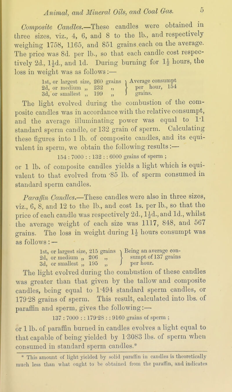 Gomposite Gandles.—These candles were obtained in three sizes, viz., 4, 6, and 8 to the lb., and respectively weighing 1758, 1165, and 851 grains each on the average. The price was 8d. per lb., so that each candle cost respec- tively 2d., l|d., and Id. During burning for IJ hours, the loss in weight was as follows:— 1st, or largest size, 260 grains \ Average consumpt 2d, or medium „ 232 „ > per hour, 154 3d, or smallest „ 199 „ ) grains. The Hght evolved during the combustion of the com- posite candles w^as in accordance with the relative consumpt, and the average illuminating power was equal to I'l standard sperm candle, or 132 grain of sperm. Calculating these figures into 1 lb. of composite candles, and its equi- valent in sperm, we obtain the following results :— 154 : 7000 : : 132 : : 6000 grains of sperm ; or 1 lb. of composite candles yields a light which is equi- valent to that evolved from '85 lb. of sperm consumed in standard sperm candles. Paraffin Gandles.—These candles were also in three sizes, viz., 6, 8, and 12 to the lb., and cost Is. per lb., so that the price of each candle was respectively 2d., l^d., and Id., whilst the average weight of each size was 1117, 848, and 567 grains. The loss in weight during 1^ hours consumpt was as follows: — 1st, or largest size, 215 grains ^ Being an average con- 2d, or medium „ 206 „ I sumpt of 137 grains 3d, or smallest „ 195 „ J per hour. The light evolved during the combustion of these candles was greater than that given by the tallow and composite caudles, being equal to 1494 standard sperm candles, or 179-28 grains of sperm. This result, calculated into lbs. of paraffin and sperm, gives the following:— 137 : 7000 : : 179-28 : : 9160 grains of sperm ; or 1 lb. of paraffin burned in candles evolves a light equal to that capable of being yielded by 1-3083 lbs. of sperm when consumed in standard sperm candles.* * This amount of light yielded hy solid paraffin in candles is theoretically much less than what ought to he obtained from the paraffin, and indicates