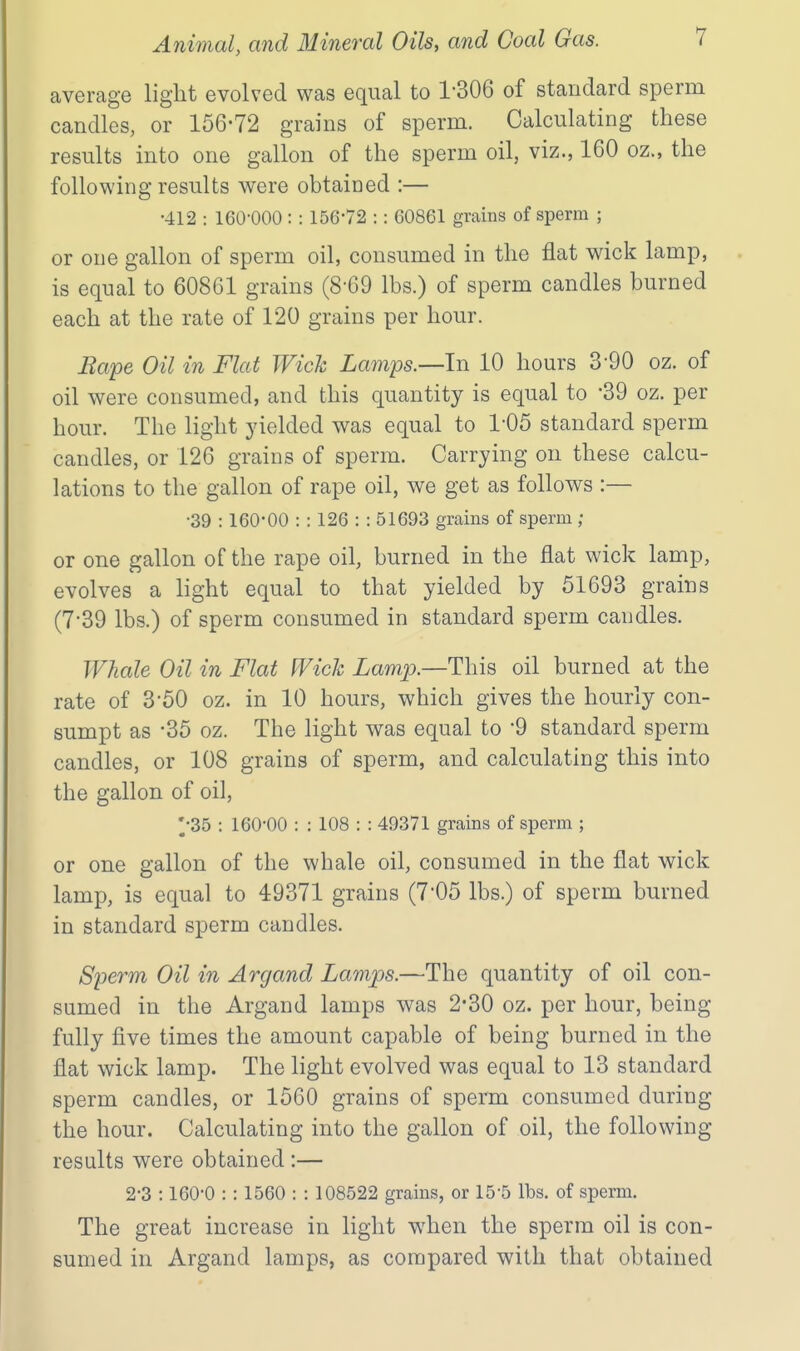 average light evolved was equal to 1-306 of standard sperm candles, or 156-72 grains of sperm. Calculating these results into one gallon of the sperm oil, viz., 160 oz., the following results were obtained :— •412 : 160-000: : 156-72 : : 60861 grains of sperm ; or one gallon of sperm oil, consumed in the flat wick lamp, is equal to 60861 grains (8-69 lbs.) of sperm candles burned each at the rate of 120 grains per hour. Bape Oil in Flat Wick Lamps.—In 10 hours 3-90 oz. of oil were consumed, and this quantity is equal to -39 oz. per hour. The light yielded was equal to 1-05 standard sperm candles, or 126 grains of sperm. Carrying on these calcu- lations to the gallon of rape oil, we get as follows :— •39 :160-00 : : 126 : : 51693 grains of sperm ; or one gallon of the rape oil, burned in the flat wick lamp, evolves a light equal to that yielded by 51693 grains (7-39 lbs.) of sperm consumed in standard sperm candles. Wfiale Oil in Flat Wick Lamp.—This oil burned at the rate of 3-50 oz. in 10 hours, which gives the hourly con- sumpt as -35 oz. The light was equal to -9 standard sperm candles, or 108 grains of sperm, and calculating this into the gallon of oil, ^•35 : 160^00 : : 108 : : 49371 grains of sperm ; or one gallon of the whale oil, consumed in the flat wick lamp, is equal to 49371 grains (7-05 lbs.) of sperm burned in standard sperm candles. Sperm Oil in Arcjand Lamps.—The quantity of oil con- sumed in the Argand lamps was 2-30 oz. per hour, being fully five times the amount capable of being burned in the flat wick lamp. The light evolved was equal to 13 standard sperm candles, or 1560 grains of sperm consumed during the hour. Calculating into the gallon of oil, the following results were obtained :— 2-3 :160'0 : ; 1560 : : 108522 grains, or 15^5 lbs. of sperm. The great increase in light when the sperm oil is con- sumed in Argand lamps, as compared with that obtained