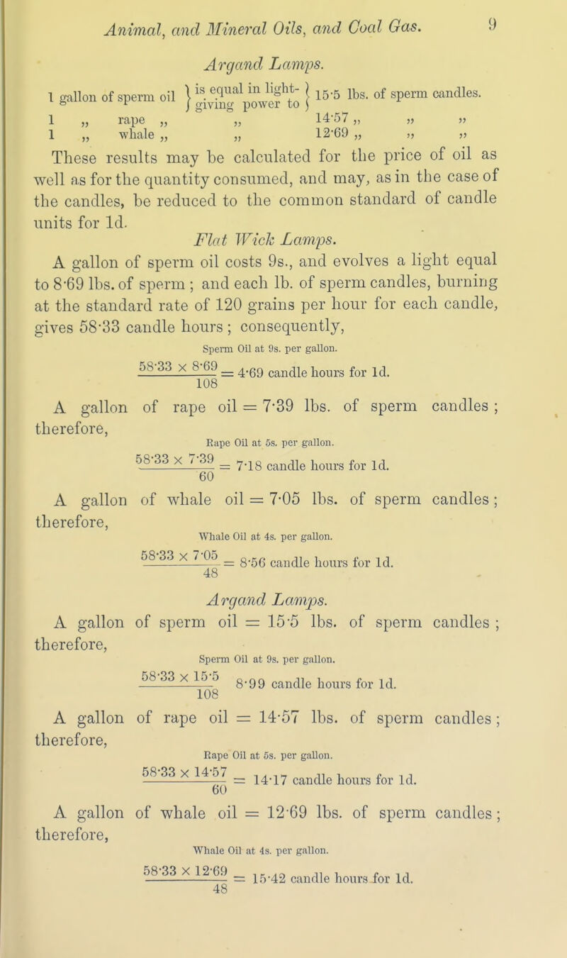 Argand Lamps. I gallon of sperm oil ) ^^''^^ '^Jlfh \ 15-5 lbs. of sperm candles. ° ^ J givmg power to ) 1 „ rape „ „ 14'57 „ „ » 1 „ whale „ „ 12'69 „ „ » These results may be calculated for the price of oil as well as for the quantity consumed, and may, as in the case of the candles, be reduced to the common standard of candle units for Id. Flat Wick Lamps. A gallon of sperm oil costs 9s., and evolves a light equal to 8-69 lbs. of sperm ; and each lb. of sperm candles, burning at the standard rate of 120 grains per hour for each candle, gives 58-33 candle hours ; consequently, Spenn Oil at 9s. per gallon. 58-33 X 8-69 ^ ^.gg ^^^^^^ ^^^^^ 108 A gallon of rape oil = 7-39 lbs. of sperm candles ; therefore, Rape Oil at 5s. per gallon. 58-33 X 7-39 ^ ^.^^ ^^^^^^^ j^^^^^.^ 60 A gallon of whale oil = 7-05 lbs. of sperm candles; therefore, Whale Oil at 4s. per gallon. 58-33 X 7-05 ^ g.^g ^^^^^^j^ j^^^^^^ ^.^^ 48 Argand Lamps. A gallon of sperm oil =r 15-5 lbs. of sperm candles ; therefore. Sperm Oil at 9s. per gallon. 58-33 X 15-5 g.gg ^^^^^^jg ^ 108 A gallon of rape oil = 14-57 lbs. of sperm candles; therefore. Rape Oil at 5s. per gallon. 58 33 X 14 57 _ j^.j^y candle hours for Id. 60 A gallon of whale oil = 12 69 lbs. of sperm candles; therefore, Whale Oil at 4s. per gallon. 58 33 X 12 6.) _ J 5.42 candle hours-for Id. 48