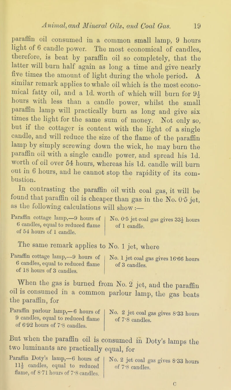 paraffin oil consumed in a common small lamp, 9 hours light of 6 candle power. The most economical of candles, therefore, is beat by paraffin oil so completely, that the latter will burn half again as long a time and give nearly five times the amount of light during the whole period. A similar remark applies to whale oil which is the most econo- mical fatty oil, and a Id. worth of which will burn for 9^ hours with less than a candle power, whilst the small paraffin lamp will practically burn as long and give six times the light for the same sum of money. Not only so, but if the cottager is content with the light of a single candle, and will reduce the size of the flame of the paraffin lamp by simply screwing down the wick, he may burn the paraffin oil with a single candle power, and spread his Id. worth of oil over 54 hours, whereas his Id. candle will burn out in 6 hours, and he cannot stop the rapidity of its com- bustion. In contrasting the paraffin oil with coal gas, it will be found that paraffin oil is cheaper than gas in the No. 0-5 jet, as the following calculations will show :— ParaflSn cottage lamp,—9 hours of 6 candles, equal to reduced flame of 54 hours of 1 candle. No. 0-5 jet coal gas gives 33j hours of 1 candle. The same remark applies to No. 1 jet, where Paraffin cottage lamp,—9 hours of 6 candles, equal to reduced flame of 18 hours of 3 candles. No. 1 jet coal gas gives 16'66 hours of 3 candles. When the gas is burned from No. 2 jet, and the paraffin oil is consumed in a common parlour lamp, the gas beats the paraffin, for ParaflSn parlour lamp,—6 hours of 9 candles, equal to reduced flame of 6'92 hours of 7-8 caudles. No. 2 jet coal gas gives 8-33 hours of 7*8 candles. But when the paraffin oil is consumed in Doty's lamps the two luminants are practically equal, for Paraffln Doty's lamp,—6 hours of 11^ candles, equal to reduced flame, of 871 hours of 7-8 candles. No. 2 jet coal gas gives 8-33 hours of 7*8 candles.