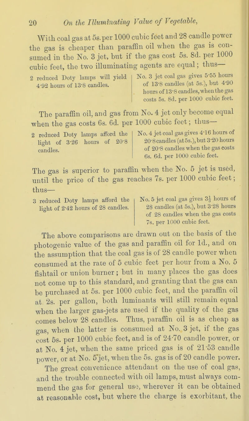 2 reduced Doty lamps will yield 4-92 hours of 13-8 candles. With coal gas at Ss.per 1000 cubic feet and 28 candle power the gas is cheaper than paraffin oil when the gas is con- sumed in the No. 3 jet, but if the gas cost 5s. 8d. per 1000 cubic feet, the two illuminating agents are equal; thus— No. 3 jet coal gas gives 5-55 hours of 13-8 candles (at 5s.), but 4-90 hours of 13-8 candles, when the gas costs 5s. 8d. per 1000 cubic feet. The paraffin oil, and gas from No. 4 jet only become equal when the gas costs 6s. 6d. per 1000 cubic feet; thus— No. 4 jet coal gas gives 4-16 hours of 20'8candles (at5s.),but 3-20 hours of 20-8 candles when the gas costs 2 reduced Doty lamps afford the lio-ht of 3-26 hours of 20'8 candles. 6s. 6d. per 1000 cubic feet. The gas is superior to paraffin when the No. 5 jet is used, until the price of the gas reaches 7s. per 1000 cubic feet; thus— 3 reduced Doty lamps afford the No. 5 jet coal gas gives 3| hours of light of 2-42 hours of 28 candles. 28 candles (at 5s.), but 3-28 hours of 28 candles when the gas costs 7s. per 1000 cubic feet. The above comparisons are drawn out on the basis of the photogenic value of the gas and paraffin oil for Id., and on the assumption that the coal gas is of 28 candle power when consumed at the race of 5 cubic feet per hour from a No. 5 fishtail or union burner; but in many places the gas does not come up to this standard, and granting that the gas can be purchased at 5s. per 1000 cubic feet, and the paraffin oil at 2s. per gallon, both luminants will still remain equal when the larger gas-jets are used if the quality of the gas comes below 28 candles. Thus, paraffin oil is as cheap as gas, when the latter is consumed at No. 3 jet, if the gas cost 5s. per 1000 cubic feet, and is of 24-70 candle power, or at No. 4 jet, when the same priced gas is of 21'53 candle power, or at No. 5'jet, when the 5s. gas is of 20 candle power. The great conv^enieace attendant on the use of coal gas, and the trouble connected with oil lamps, must always com- mend the gas for general use, wherever it can be obtained at reasonable cost, but where tlie charge is exorbitant, the