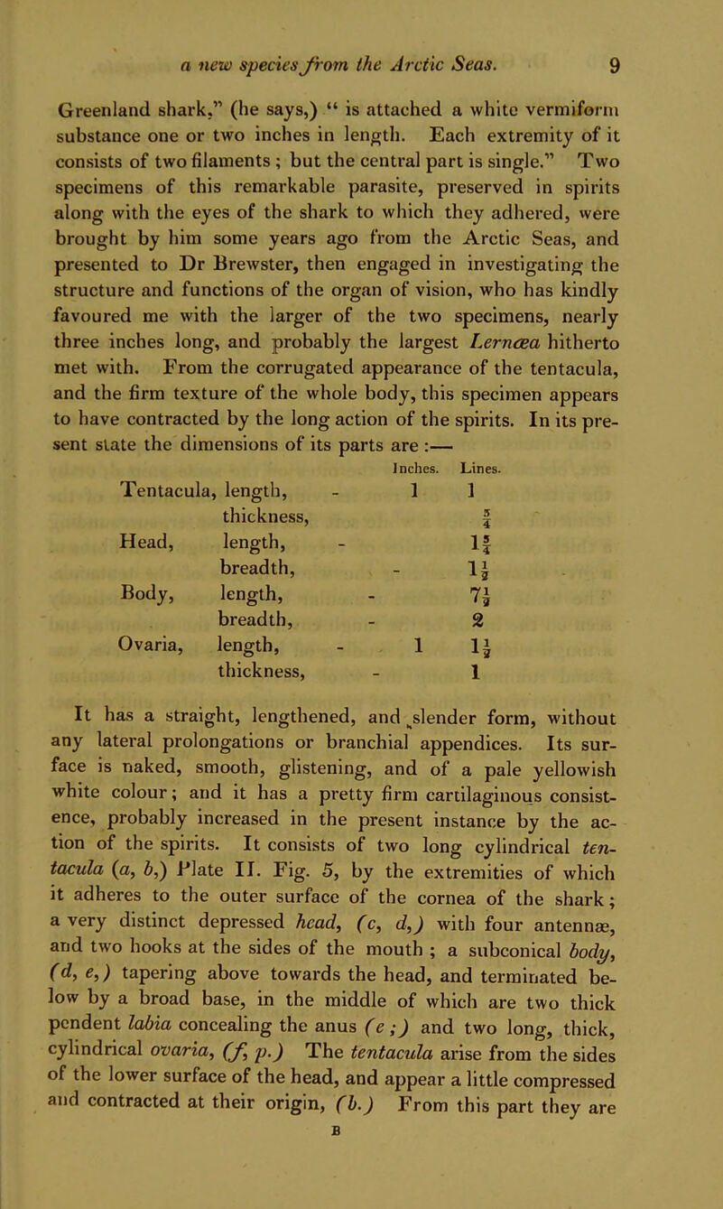 Greenland shark.” (he says,) “ is attached a white vermiform substance one or two inches in lengtli. Each extremity of it consists of two filaments ; but the central part is single.” Two specimens of this remarkable parasite, preserved in spirits along with the eyes of the shark to which they adhered, were brought by him some years ago from the Arctic Seas, and presented to Dr Brewster, then engaged in investigating the structure and functions of the organ of vision, who has kindly favoured me with the larger of the two specimens, nearly three inches long, and probably the largest Lernaea hitherto met with. From the corrugated appearance of the tentacula, and the firm texture of the whole body, this specimen appears to have contracted by the long action of the spirits. In its pre- sent slate the dimensions of its parts are :— Tentacula, length. Inches. Lines. 1 1 Head, thickness, length, 5 ? If Body, breadth, length, n Ovaria, breadth, length, 2 1 ^ thickness. 1 It has a straight, lengthened, and ^slender form, without any lateral prolongations or branchial appendices. Its sur- face is naked, smooth, glistening, and of a pale yellowish white colour; and it has a pretty firm cartilaginous consist- ence, probably increased in the present instance by the ac- tion of the spirits. It consists of two long cylindrical ten- tacula (a, J,) Plate II. Fig. 5, by the extremities of which it adheres to the outer surface of the cornea of the shark; a very distinct depressed head., (c, d,) with four antennse, and two hooks at the sides of the mouth ; a subconical body, (d, e,) tapering above towards the head, and terminated be- low by a broad base, in the middle of which are two thick pendent labia concealing the anus (e ;J and two long, thick, cylindrical ovaria, (f, p.) The tentacula arise from the sides of the lower surface of the head, and appear a little compressed and contracted at their origin, (b.) From this part they are B
