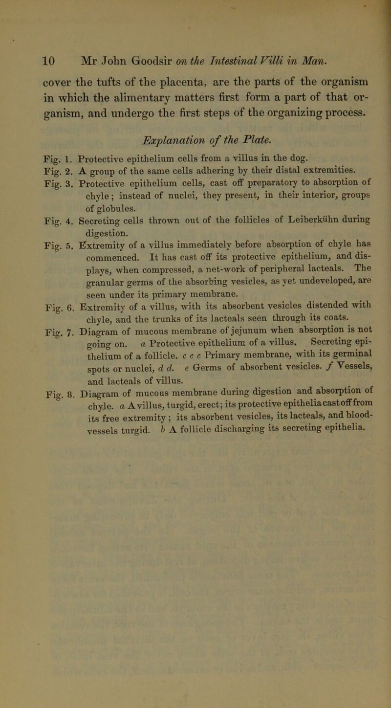 cover the tufts of the placenta, are the parts of the organism in which the alimentary matters first form a part of that or- ganism, and undergo the first steps of the organizing process. Explanation of the Plate. Fig. 1. Protective epithelium cells from a villus in the dog. Fig. 2. A group of the same cells adhering by their distal extremities. Fig. 3. Protective epithelium cells, cast off preparatory to absorption of chyle; instead of nuclei, they present, in their interior, groups of globules. Fig. 4. Secreting cells thrown out of the follicles of Leiberkiihn during digestion. Fig. 5. Extremity of a villus immediately before absorption of chyle has commenced. It has cast off its protective epithelium, and dis- plays, when compressed, a net-work of peripheral lacteals. The granular germs of the absorbing vesicles, as yet undeveloped, are seen under its primary membrane. Fig. G. Extremity of a villus, with its absorbent vesicles distended with chyle, and the trunks of its lacteals seen through its coats. Fig. 7. Diagram of mucous membrane of jejunum when absorption is not going on. a Protective epithelium of a villus. Secreting epi- thelium of a follicle, c c c Primary membrane, with its germinal spots or nuclei, d d. e Germs of absorbent vesicles, f Vessels, and lacteals of villus. Fig. 8. Diagram of mucous membrane during digestion and absorption of chyle, a A villus, turgid, erect; its protective epitheliacastofffrom its free extremity ; its absorbent vesicles, its lacteals, and blood- vessels turgid, b A follicle discharging its secreting epithelia.