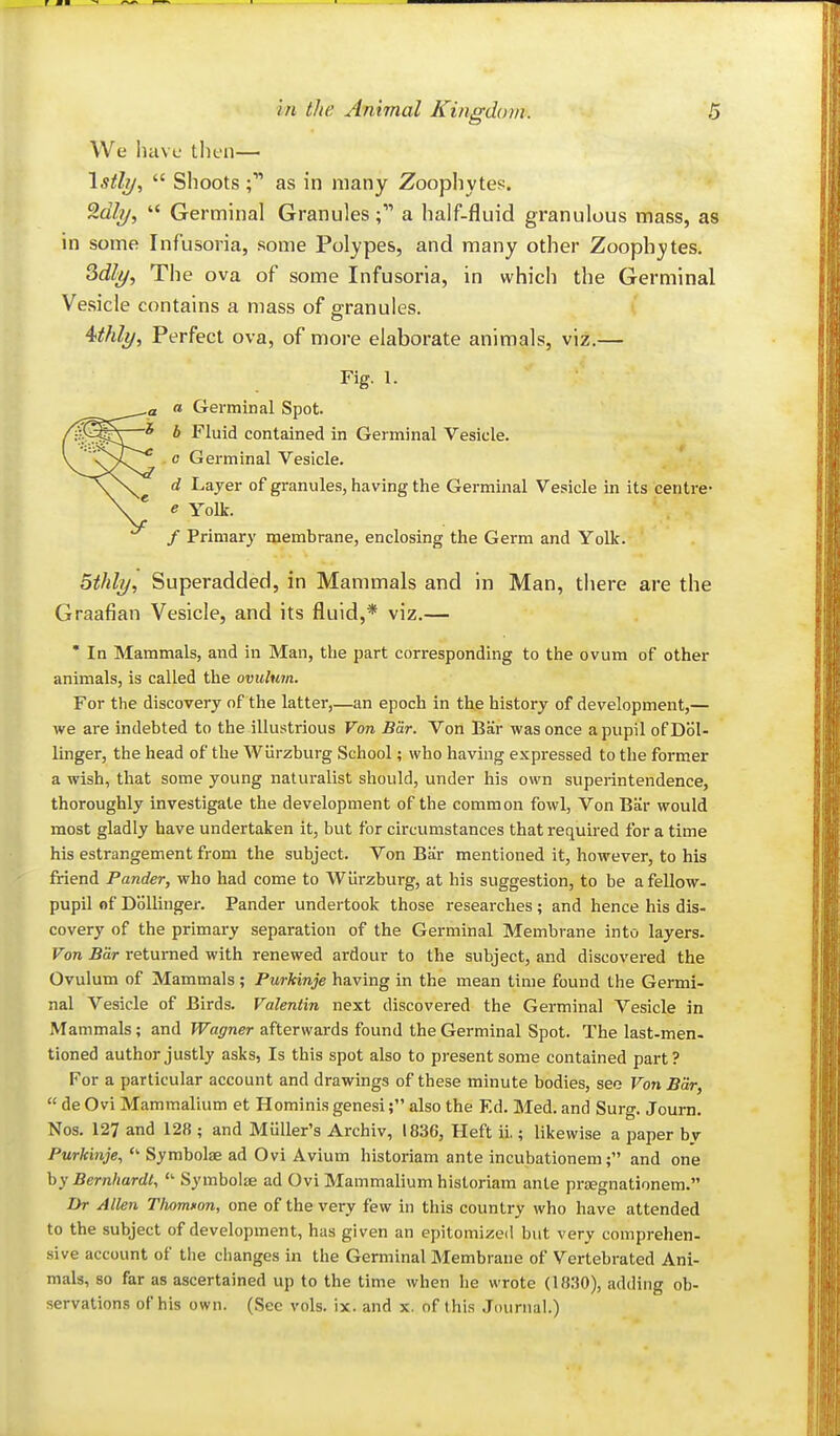 We have tlien— Istli/,  Shoots as in many Zoophytes. 2a7?/, '< Germinal Granulesa half-fluid granulous mass, as in some Infusoria, some Polypes, and many other Zooph}'tes. Sdl^/, The ova of some Infusoria, in which the Germinal Vesicle contains a mass of granules. 4>thli/, Perfect ova, of more elaborate animals, viz.— Fig. 1. « Germinal Spot. b Fluid contained in Germinal Vesicle. ~^ 0 Germinal Vesicle. d Layer of granules, having the Germinal Vesicle in its centre- e Yolk. / Primar}' membrane, enclosing the Germ and Yolk. othlij, Superadded, in Mammals and in Man, there are the Graafian Vesicle, and its fluid,* viz.— ' In Mammals, and in Man, the part cori-esponding to the ovum of other animals, is called the ovultim. For the discovery of the latter,—an epoch in the history of development,— we are indebted to the illustrious Von Bar. Von Bar was once a pupil of Bol- linger, the head of the Wiirzburg School; who having expressed to the former a wish, that some young naturalist should, under his own superintendence, thoroughly investigate the development of the common fowl, Von Bar would most gladly have undertaken it, but for circumstances that required for a time his estrangement from the subject. Von Bar mentioned it, however, to his friend Pander, who had come to Wiirzburg, at his suggestion, to be a fellow- pupil of Bollinger. Pander undertook those researches; and hence his dis- covery of the primary separation of the Germinal Membrane into layers. Von Bar returned with renewed ardour to the subject, and discovered the Ovulum of Mammals ; Purkinje having in the mean time found the Germi- nal Vesicle of Birds. Valentin next discovered the Germinal Vesicle in Mammals ; and Wagner afterwards found the Germinal Spot. The last-men- tioned author justly asks, Is this spot also to present some contained part? For a particular account and drawings of these minute bodies, see Von Bar,  de Ovi Mammalium et Hominis genesialso the F.d. Med. and Surg. Journ. Nos. 127 and 128 ; and Muller's Archiv, 1836, Heft ii,; likewise a paper by Purkinje,  Symbolae ad Ovi Avium historiam ante incubationem; and one hy Bernhardt, ■ Symbols ad Ovi Mammalium historiam ante prtegnationem. Dr Allen Tliomi'on, one of the very few in this country who have attended to the subject of development, has given an epitomized but very comprehen- sive account of the changes in the Germinal Membrane of Vertebrated Ani- mals, so far as ascertained up to the time when he wrote (1830), adding ob-