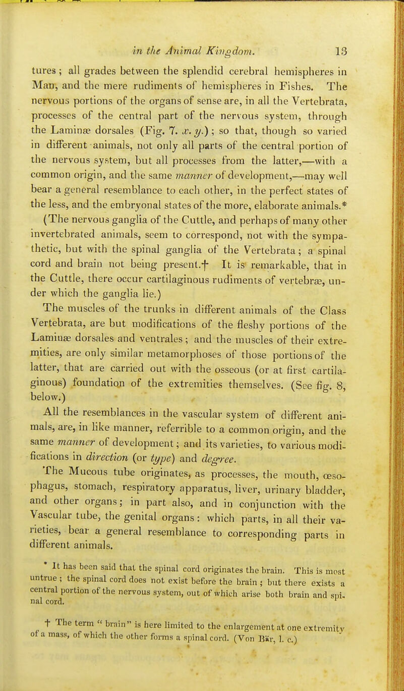 tures; all grades between the splendid cerebral hemispheres in Man, and the mere rudiments of hemispheres in Fishes. The nervous portions of the organs of sense are, in all the Vertebrata, processes of the central part of the nervous system, through the Laminas dorsales (Fig. 7. ^. y.); so that, though so varied in different animals, not only all parts of the central portion of the nervous system, but all processes from the latter,—with a common origin, and the same manner of development,—may well bear a general resemblance to each other, in the perfect states of the less, and the embryonal states of the more, elaborate animals.* (The nervous ganglia of the Cuttle, and perhaps of many other invertebrated animals, seem to correspond, not with the sympa- thetic, but with the spinal ganglia of the Vertebrata; a spinal cord and brain not being present.f It is remarkable, that in the Cuttle, there occur cartilaginous rudiments of vertebrae, un- der which the ganglia lie.) The muscles of the trunks in different animals of the Class Vertebrata, are but modifications of the fleshy portions of the Laminae dorsales and ventrales; and the muscles of their extre- mities, are only similar metamorphoses of those portions of the latter, that are carried out with the osseous (or at first cartila- ginous) foundation of the extremities themselves. (See fig. 8, below.) All the resemblances in the vascular system of different ani- mals, are, in like manner, referrible to a common origin, and the same manner of development; and its varieties, to various modi- fications in direction (or type) and deg-ree. The Mucous tube originates, as processes, the mouth, oeso- phagus, stomach, respiratory apparatus, liver, urinary bladder, and other organs; in part also, and in conjunction with the Vascular tube, the genital organs: which parts, in all their va- rieties, bear a general resemblance to corresponding parts in different animals. • It has been said that the spinal cord originates the brain. This is most untrue ; the spinal cord does not exist before the brain ; but there exists a central portion of the nervous system, out of which arise both brain and sin- nal cord. t The term « brain is here limited to the enlargement at one extremity of a mass, of which the other forms a spinal cord. (Von Bar, 1. c.)