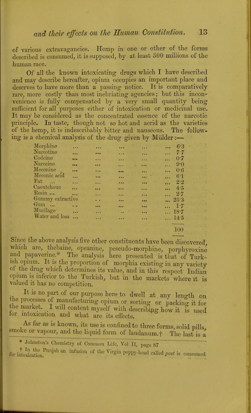 of various extravagancies. Hemp in one or other of the forms described is consumed, it is supposed, by at least 300 millions of the human race. Of all the known intoxicating drugs which I have described and may describe hereafter, opium occupies an important place and deserves to have more than a passing notice. It is comparatively rare, more costly than most inebriating agencies; but this incon- venience is fully compensated by a very small quantity being sufficient for all purposes either of intoxication or medicinal use. It may be considered as the concentrated essence of the narcotic principle. In taste, though not so hot and acrid as the varieties of the hemp, it is indescribably bitter and nauseous. The follow- ing is a chemical analysis of the drug given by Mulder:— Morphine ... 6-3 Narcotine ... 7’7 Codeine ... ... 0-7 Narceine ... 9-0 Meconine ... 0-6 Meconic acid ... 6-1 ... 2-2 Fat Caoutchouc ... ... 4-5 Resin ... ... 2-7 Gummy extractive ... 25 3 Gum ... 17 Mucilage ... 18-7 Water and loss ... **- ... 145 100 Since the above analysis five other constituents have been discovered, which are, thebaine, opeanine, peseudo-morphine, porphyroxine and papaverine * The analysis here presented is that of Turk- ish opium. It is the proportion of morphia existing in any variety of the drug which determines its value, and in this respect Indian opium is inferior to the Turkish, but in the markets where it is valued it has no competition. It is no part of our purpose here to dwell at any length on the processes of manufacturing opium or sorting or packing it for the market. I will content myself with describing how it is used loi intoxication and what are its effects. As far as is known, its use is confined to three forms, solid pills smoke or vapour, and the liquid form of laudanum.f The last is a * Johnston’s Chemistry of Common Life, Vol II, page 87 for in+to5catioCnPUnjab “ °f the Vh'sin called^ is consumed