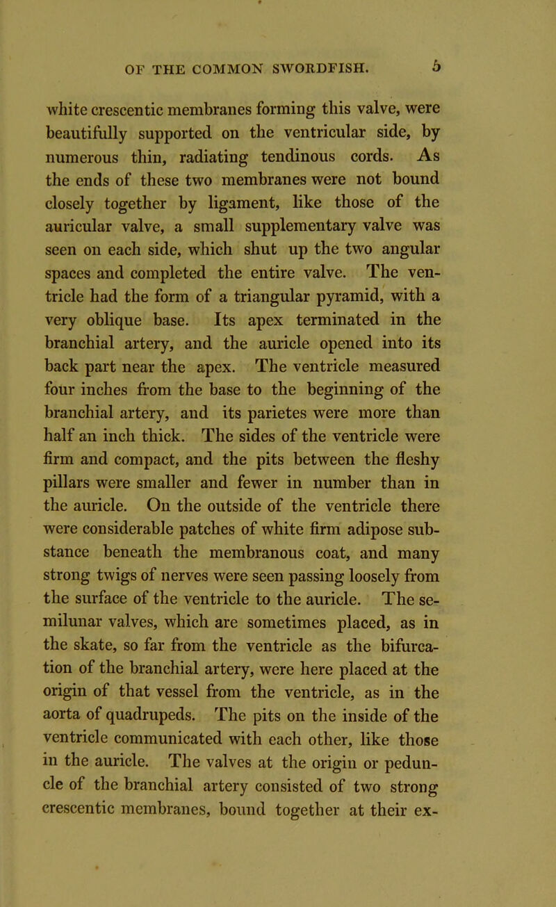 white crescentic membranes forming this valve, were beautifully supported on the ventricular side, by numerous thin, radiating tendinous cords. As the ends of these two membranes were not bound closely together by ligament, like those of the auricular valve, a small supplementary valve was seen on each side, which shut up the two angular spaces and completed the entire valve. The ven- tricle had the form of a triangular pyramid, with a very oblique base. Its apex terminated in the branchial artery, and the auricle opened into its back part near the apex. The ventricle measured four inches from the base to the beginning of the branchial artery, and its parietes were more than half an inch thick. The sides of the ventricle were firm and compact, and the pits between the fleshy pillars were smaller and fewer in number than in the auricle. On the outside of the ventricle there were considerable patches of white firm adipose sub- stance beneath the membranous coat, and many strong twigs of nerves were seen passing loosely from the surface of the ventricle to the auricle. The se- milunar valves, which are sometimes placed, as in the skate, so far from the ventricle as the bifurca- tion of the branchial artery, were here placed at the origin of that vessel from the ventricle, as in the aorta of quadrupeds. The pits on the inside of the ventricle communicated with each other, like those in the auricle. The valves at the origin or pedun- cle of the branchial artery consisted of two strong crescentic membranes, bound together at their ex-