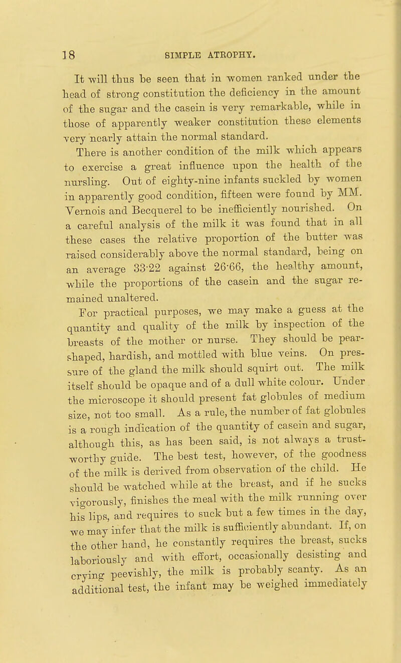 It will thus be seen that in -women ranked under the head of strong constitution the deficiency in the amount of the sugar and the casein is very remarkable, while m those of apparently weaker constitution these elements Yory nearly attain the normal standard. There is another condition of the milk which appears to exercise a great influence upon the health of the nursling. Out of eighty-nine infants suckled by women in apparently good condition, fifteen were found by MM. Vernois and Becquerel to be inefficiently nourished. On a careful analysis of the milk it was found that in all these cases the relative proportion of the butter was raised considerably above the normal standard, being on an average 33-22 against 26-66, the healthy amount, while the proportions of the casein and the sugar re- mained unaltered. For practical purposes, we may make a guess at the quantity and quality of the milk by inspection of the breasts of the mother or nurse. They should be pear- shaped, hardish, and mottled with blue veins. On pres- sure of the gland the milk should squirt out. The milk itself should be opaque and of a dull white colour. Under the microscope it should present fat globules of medium size, not too small. As a rule, the number of fat globules is a rough indication of the quantity of casein and sugar, although this, as has been said, is not always a trust- worthy guide. The best test, however, of the goodness of the milk is derived from observation of the child. He should be watched while at the breast, and if he sucks vigorously, finishes the meal with the milk running over his lips, and requires to suck but a few times in the day, we may infer that the milk is suffiiuently abundant. If, on the other hand, he constantly requires the breast, sucks laboriously and with effort, occasionally desisting and crying peevishly, the milk is probably scanty. As an additional test, the infant may be weighed immediately