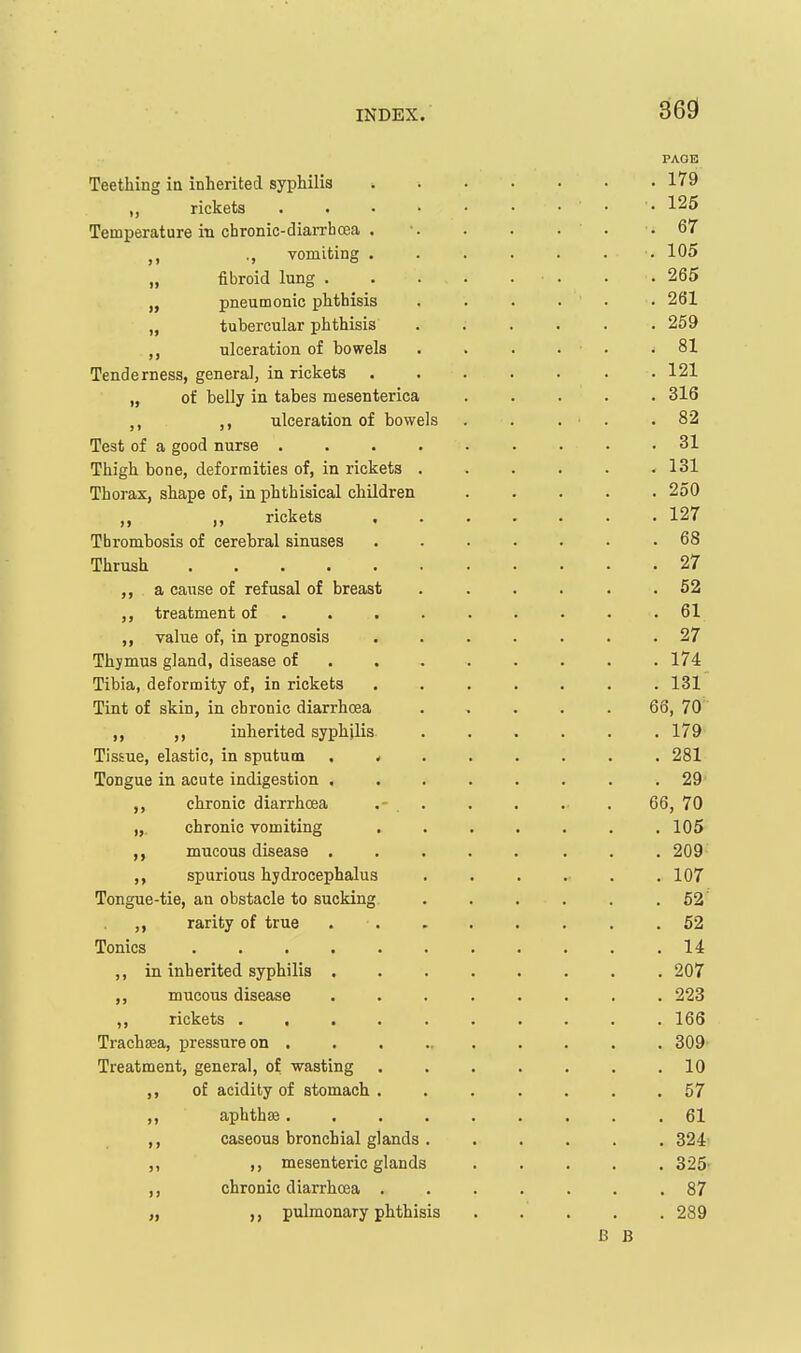 36^ PAGE Teething ia inherited syphilis 179 rickets . . • • • • ... 125 Temperature in chronic-diarrhcea . •. . . . ' . .67 vomiting . . 105 „ fiibroid lung . . 265 pneumonic phthisis . . . . • • 261 „ tubercular phthisis ...... 259 ,, ulceration of bowels . . . . • • .81 Tenderness, general, in rickets . . . . . . .121 „ of belly in tabes mesenterica 316 ulceration of bowels . . . • . .82 Test of a good nurse 31 Thigh bone, deformities of, in rickets . . . . . .131 Thorax, shape of, in phthisical children 250 rickets ....... 127 Thrombosis of cerebral sinuses . 68 Thrush 27 ,, a cause of refusal of breast ...... 62 treatment of ......... 61 ,, value of, in prognosis ....... 27 Thymus gland, disease of ....... . 174 Tibia, deformity of, in rickets ....... 131 Tint of skin, in chronic diarrhoea ..... 66, 70 ,, ,, inherited syphjlis . . . . . .179 Tissue, elastic, in sputum ........ 281 Tongue in acute indigestion ........ 29- chronic diarrhoea .- . . . . . . 66, 70 „. chronic vomiting . . . . . . .105 mucous disease ..... ... 209- ,, spurious hydrocephalus 107 Tongue-tie, an obstacle to sucking .62' ,, rarity of true 62 Tonics 14 ,, in inherited syphilis ........ 207 mucous disease ........ 223 ,, rickets .......... 166 Trachsea, pressure on .......... 309- Treatment, general, of wasting ....... 10 ,, of acidity of stomach ....... 57 ,, aphthse......... 61 ,, caseous bronchial glands ...... 324- ,, mesenteric glands 325- chronic diarrhoea 87 „ pulmonary phthisis 289 B B