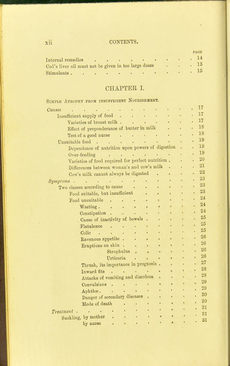 PAGE Internal remedies . . Cod's liver oil must not be riven in too large doses . • .15 15 Stimulants CHAPTER I. Simple Athopht from insuffioibht Notoishmbnt. Causes Insufficient supply of food ... Varieties of breast milk . Effect of preponderance of butter in milk Test of a good nurse Unsuitable food ..... Dependence of nutrition upon powers of digestion Over-feeding .... Varieties of food required for perfect nutrition Differences between woman's and cow's milk Cow's milk cannot always be digested Sympioms Two classes according to cause Food suitable, but insufacient Food unsuitable . . . • Wasting Constipation .... Cause of inactivity of bowels . Flatulence .... Colic Kavenous appetite . Eruptions on skin . Strophulus X Urticaria . Thmsh, its importance in prognosis Inward fits . Attacks of vomiting and diarrhoea Convulsions . . . • Apbthoe Danger of secondary diseases . Mode of death . . • Treatment Suckling, by mother . . • • by nurse . . . •