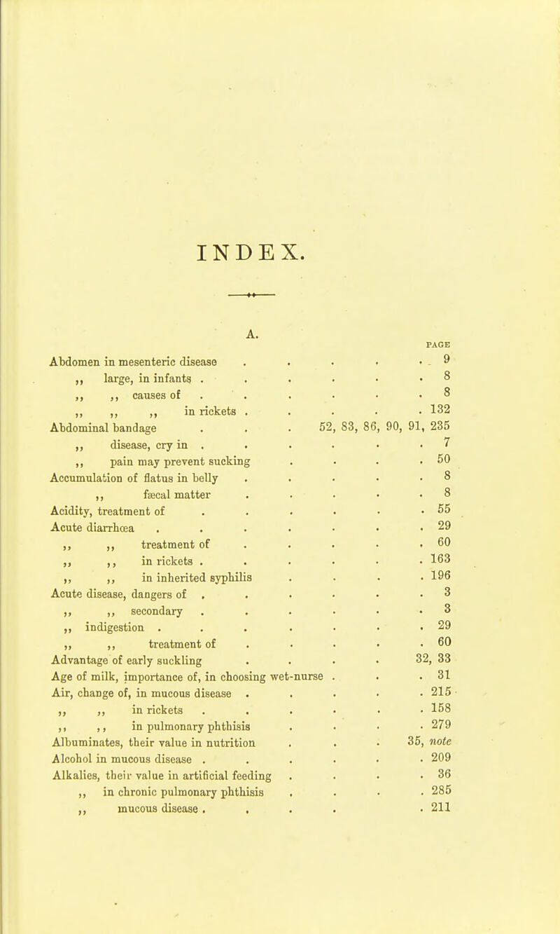 INDEX. A. PAGE Abdomen in mesenteric disease . . . . . . 9 ,, large, in infants . . . . • .8 ,, causes ot . . . . • .8 ,, ,, ,, in rickets ..... 132 Abdominal bandage . . .52, 83, 86, 90, 91, 235 ,, disease, cry in , . . . • -7 ,, pain may prevent sucking . . . ,50 Accumulation of flatus in belly . . . • .8 ,, faecal matter . . . • .8 Acidity, treatment of . . . • • .55 Acute diarrbcea . . . . • • .29 ,, ,, treatment of . . . • .60 ,, ,, in rickets 163 ,, ,, in inherited syphilis .... 196 Acute disease, dangers of . . . • • .3 ,, ,, secondary . . . . • .3 ,, indigestion . . . . . • .29 „ ,, treatment of . • • • .60 Advantage of early suckling .... 32, 33 Age of milk, importance of, in choosing wet-nurse . . .31 Air, change of, in mucous disease . . . . • 215 ■ ,, ,, in rickets 158 ,, ,, in pulmonary phthisis .... 279 Albuminates, their value in nutrition . . • 35, note Alcohol in mucous disease 209 Alkalies, their value in artificial feeding . . . .36 ,, in chronic pulmonary phthisis .... 285 ,, mucous disease .... • 211