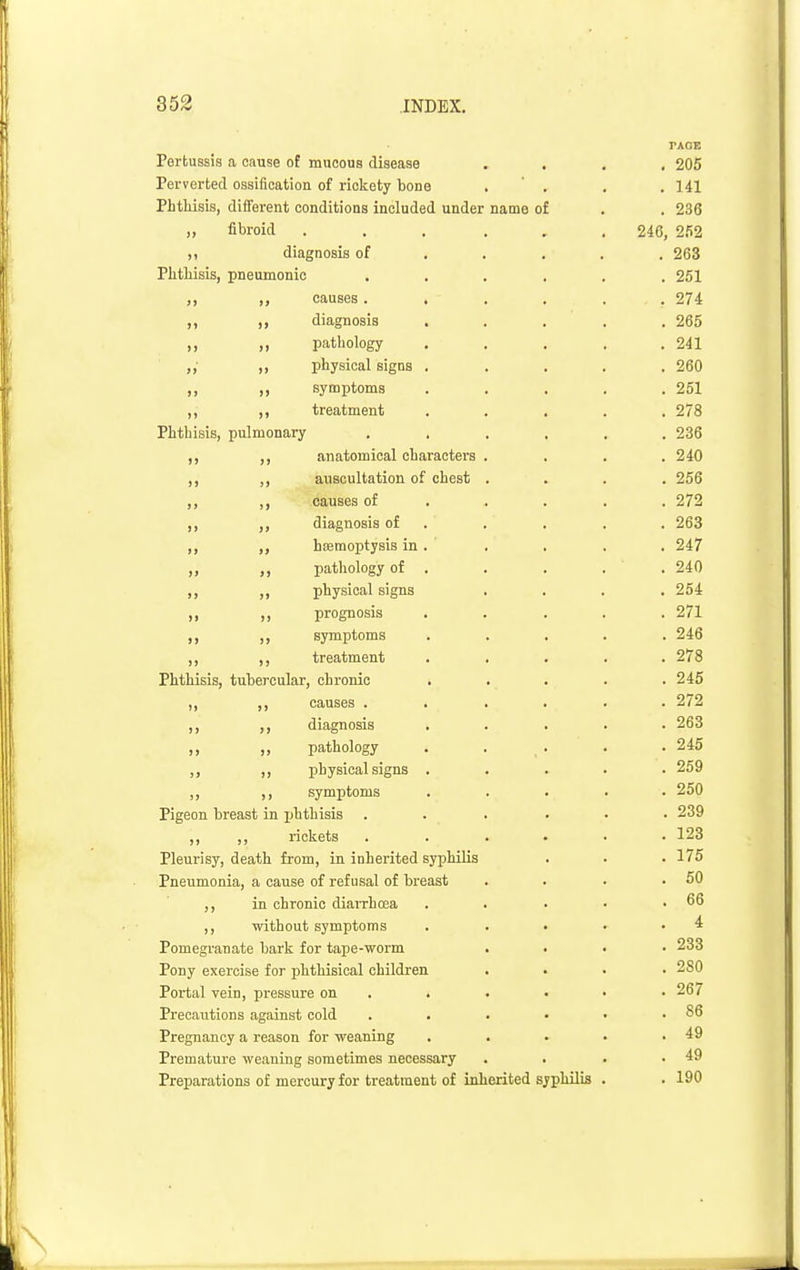 PACE Pertussis a cause of mucous disease .... 205 Perverted ossifieation of rickety bone . ' . . . 141 Phtliisis, different conditions included under name of . . 236 „ fibroid ... . , . 246, 2/>2 ,1 diagnosis of .... . 263 Phthisis, pneumonic ...... 251 ,, ,, causes...... 274 ,, ,, diagnosis ..... 265 ,, ,, pathology . . . . .241 „• „ physical signs ..... 260 ,, ,, symptoms ..... 251 ,, ,, treatment ..... 278 Phthisis, pulmonary ...... 236 ,, ,, anatomical characters . . . .240 ,, ,, auscultation of chest .... 256 ,, causes of .... . 272 ,, ,, diagnosis of . . . . . 263 ,, hEemoptysis in . . . . . 247 ,, ,, pathology of . . . . . 240 ,, ,, physical signs .... 254 ,, ,, prognosis ..... 271 ,, ,, symptoms ..... 246 ,, treatment ..... 278 Phthisis, tubercular, chronic ..... 245 ,, ,, causes ...... 272 ,, ,, diagnosis ..... 263 ,, ,, pathology . . . . .245 ,, ,, physical signs ..... 259 ,, ,, symptoms ..... 250 Pigeon breast in ijhthisis ...... 239 ,, ,, rickets ...... 123 Pleurisy, death from, in inherited syphilis . . . 175 Pnevunonia, a cause of refusal of breast . . • .50 ,, in chronic diaiThcea . . . • .66 ,, without symptoms . . • • -4 Pomegranate bark for tape-worm .... 233 Pony exercise for phthisical children .... 280 Portal vein, pressure on , . . • • .267 Precautions against cold . . . • • .86 Pregnancy a reason for weaning . . . . .49 Premature weaning sometimes necessary . . . .49 Preparations of mercury for treatment of inherited syphilis . . 190