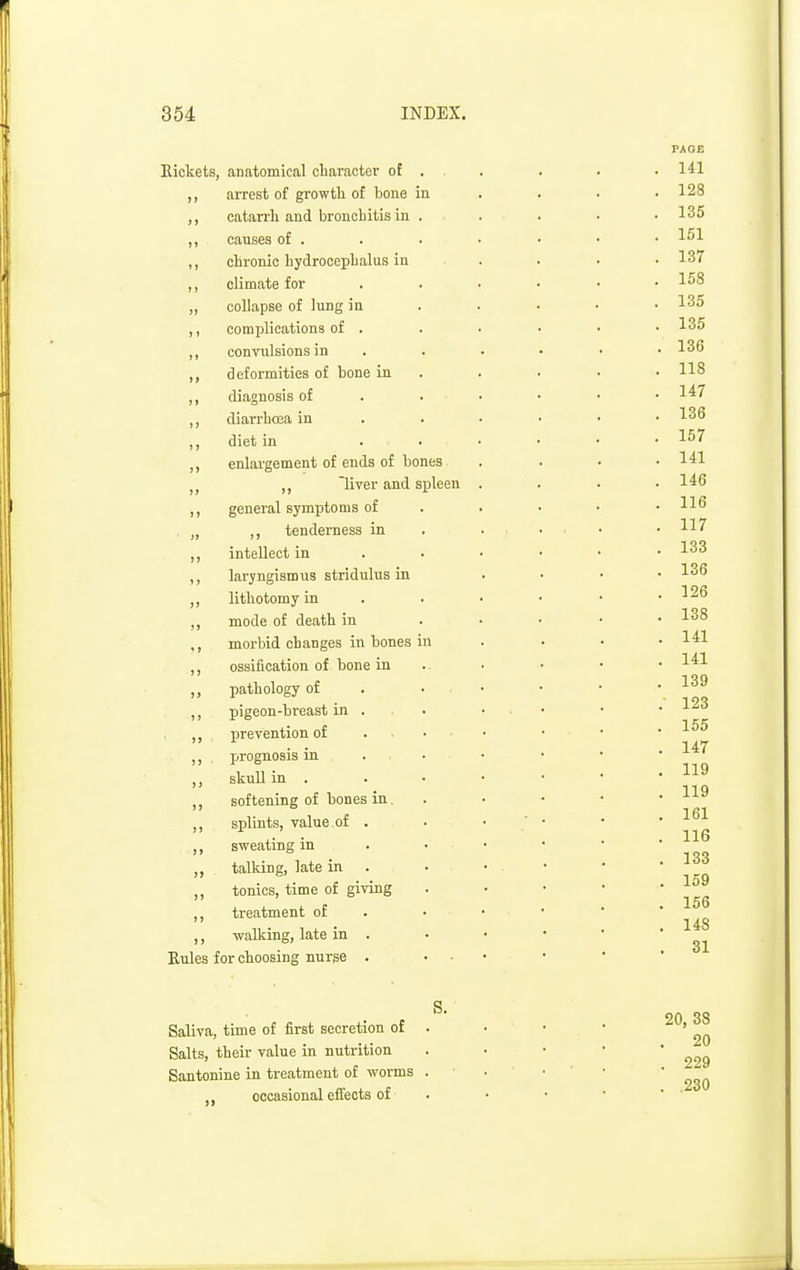 5> Eiokets, anatomical character of . ,, arrest of growth of bone in ,, catarrh and bronchitis in ,, causes of . ,, chronic hydrocephalus in ,, climate for ,, collapse of lung in ,, complications of . ,, convulsions in deformities of bone in ,, diagnosis of ,, diarrhoea in ,, diet in ,, enlargement of ends of bones „ liver and spleen ,, general symptoms of „ ,, tenderness in ,, intellect in ,, laryngismus stridulus in ,, lithotomy in ,, mode of death in ,, morbid changes in bones in ossification of bone in pathology of pigeon-breast in . ,, prevention of ,, prognosis in skuU in . ,, softening of bones in. ,, splints, value , of . ,, sweating in talking, late in ,, tonics, time of giving ,, treatment of ,, waUsing, late in . Kules for choosing nurge . Saliva, time of first secretion o£ Salts, their value in nutrition Santonine in treatment of worms ,, occasional effects of 20, 38 . 20 . 229 . ,230