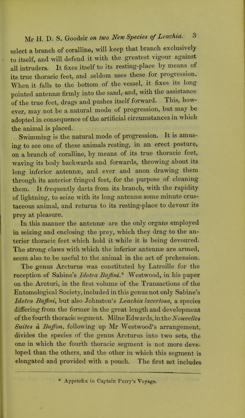 select a branch of coralline, will keep that branch exclusively to itself, and will defend it with the greatest vigour against all intruders. It fixes itself to its resting-place by means of its true thoracic feet, and seldom uses these for piogiession. When it falls to the bottom of the vessel, it fixes its long pointed antennae firmly into the sand, and, with the assistance of the true feet, drags and pushes itself forward. This, how- ever, may not be a natural mode of progression, but may be adopted in consequence of the artificial circumstances in which the animal is placed. Swimming is the natural mode of progression. It is amus- ing to see one of these animals resting, in an erect posture, on a branch of coralline, by means of its true thoracic feet, waving its body backwards and forwards, throwing about its long inferior antennae, and ever and anon drawing them through its anterior fringed feet, for the purpose of cleaning them. It frequently darts from its branch, with the rapidity of lightning, to seize with its long antennae some minute crus- taceous animal, and returns to its resting-place to devour its prey at pleasure. In this manner the antennae are the only organs employed in seizing and enclosing the prey, which they drag to the an- terior thoracic feet which hold it while it is being devoured. The strong claws with which the inferior antennae are armed, seem also to be useful to the animal in the act of prehension. The genus Arcturus wras constituted by Latreille for the reception of Sabine’s Iclotea Baffini* Westwood, in his paper on the Arcturi, in the first volume of the Transactions of the Entomological Society, included in this genus not only Sabine’s Idotea Baffini, but also Johnston’s Leachia lacertosa, a species differing from the former in the great length and development of the fourth thoracic segment. Milne Edwards, in the Nouvelles Suites a Buffon, following up Mr Westwood’s arrangement, divides the species of the genus Arcturus into two sets, the one in which the fourth thoracic segment is not more deve- loped than the others, and the other in which this segment is elongated and provided with a pouch. The first set includes * Appendix to Captain Parry’s Voyage.