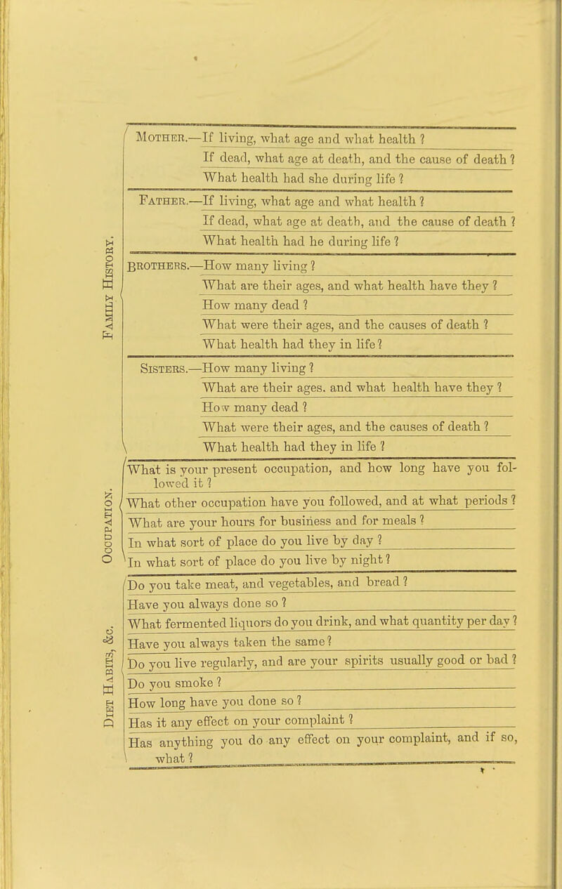 Mother.—If living, what, age and what health ? If dead, what age at death, and the cause of death 1 What health had she during life 1 Father.—If living, what age and what health 1 If dead, what age at death, and the cause of death ? What health had he during life 1 Brothers.—How many living ? I What are their ages, and what health have they 1 How many dead 1 What were their ages, and the causes of death 1 What health had they in life? Sisters.—How many living 1 What are their ages, and what health have they 1 How many dead 1 What were their ages, and the causes of death 1 \ What health had they in life 'I What is your present occupation, and how long have you fol- lowed it 1 ( What other occupation have you followed, and at what periods 1 What are your hours for business and for meals 1 In what sort of place do you live by dayj In what sort of place do you live by night 1 /Do you take meat, and vegetables, and bread ? Have you always done so 1 What fermented liquors do you drink, and what quantity per day ? Have yoti always taken the same? Do you live regularly, and are your spirits usually good or bad 1 Do you smoke 1 . How long have you done so 1 Has it any effect on your complaint ? Has anything you do any effect on your complaint, and if so, \ what 1