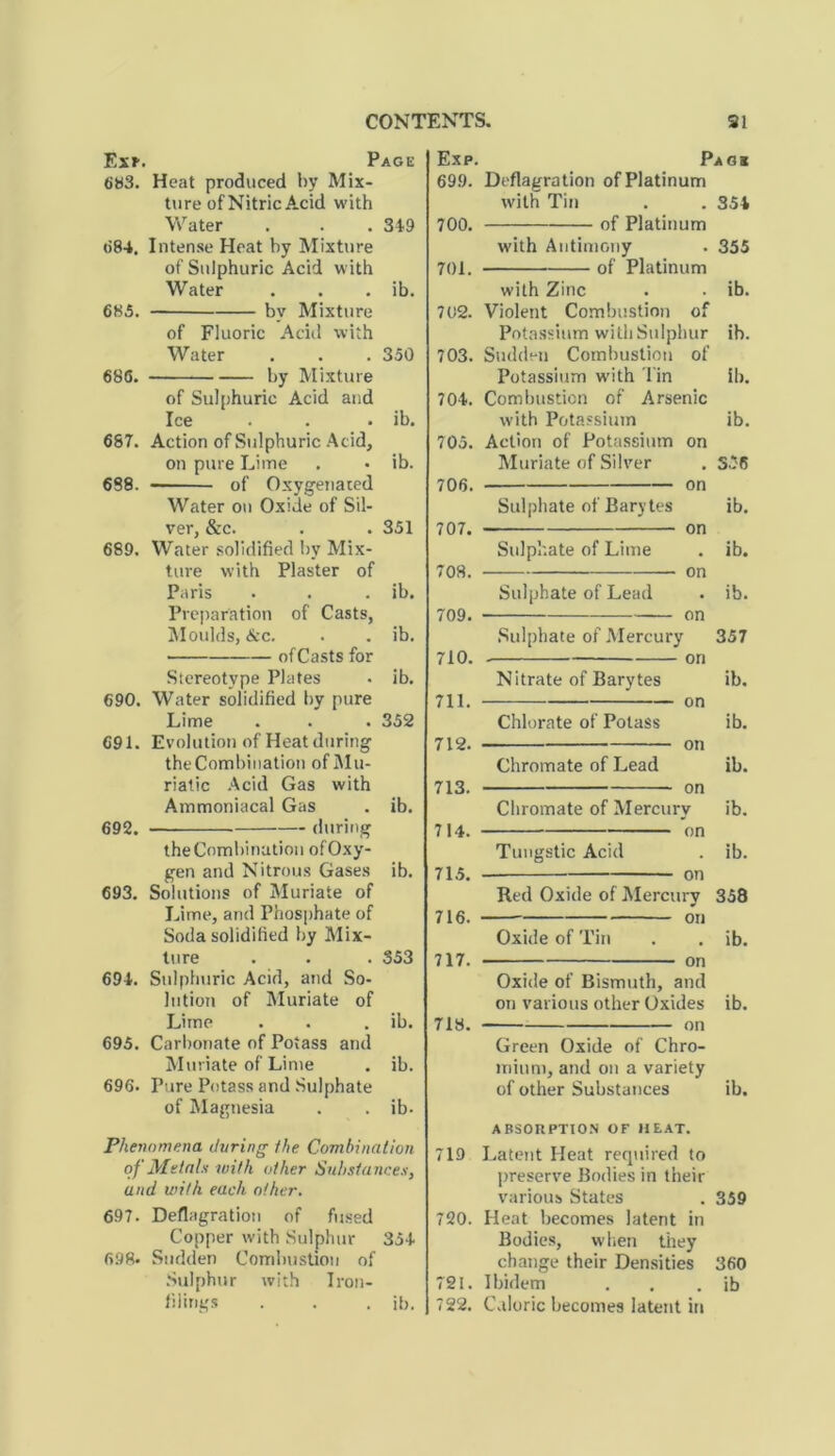 Exi\ Page 683. Heat produced by Mix- ture ofNitricAcid with Water . . .349 684. Intense Heat by Mixture of Sulphuric Acid with Water . . . ib. 685. by Mixture of Fluoric Acid with Water . . . 350 686. by Mixture of Sulphuric Acid and Ice . . . ib. 687. Action of Sulphuric Acid, on pure Lime . • ib. 688. of Oxygenated Water on Oxide of Sil- ver, &c. . . 351 689. Water solidified by Mix- ture with Plaster of Paris . . . ib. Preparation of Casts, Moulds, &c. . . ib. of Casts for Stereotype Plates • ib. 690. Water solidified by pure Lime . . . 352 691. Evolution of Heat during the Combination of Mu- riatic Acid Gas with Ammoniacal Gas . ib. 692. during the Combination of Oxy- gen and Nitrous Gases ib. 693. Solutions of Muriate of Lime, and Phosphate of Soda solidified by Mix- ture . . . 353 694. Sulphuric Acid, and So- lution of Muriate of Lime . . . ib. 695. Carbonate of Potass and Muriate of Lime . ib. 696. Pure Potass and Sulphate of Magnesia . . ib- Phenomena during the Combination of Metals with oilier Substances, and with each other. 697. Deflagration of fused Copper with Sulphur 354 698. Sudden Combustion of Sulphur with Iron- filings . . . ib. Exp. Pag* 69.9. Deflagration of Platinum with Tin . . 354 700. of Platinum with Antimony . 355 701. of Platinum with Zinc . . ib. 702. Violent Combustion of Potassium with Sulphur ib. 703. Sudden Combustion of Potassium with 1'in ib. 704. Combustion of Arsenic with Potassium ib. 705. Action of Potassium on Muriate of Silver . 556 706. on Sulphate of Barytes ib. 707. on Sulphate of Lime . ib. 708. on Sulphate of Lead . ib. 709. on Sulphate of Mercury 357 710. on Nitrate of Barytes ib. 711. on Chlorate of Potass ib. 712. 713. 714. 715. 716. 717. 718. on Chromate of Lead ib. on Chromate of Mercury ib. on Tungstic Acid . ib. on Red Oxide of Mercury 358 — on Oxide of Tin . . ib. on Oxide of Bismuth, and on various other Oxides ib. on Green Oxide of Chro- mium, and on a variety of other Substances ib. ABSORPTION OF HEAT. 719 Latent Heat required to preserve Bodies in their various States . 359 720. Heat becomes latent in Bodies, when they change their Densities 360 721. Ibidem . . ib 722. Caloric becomes latent in
