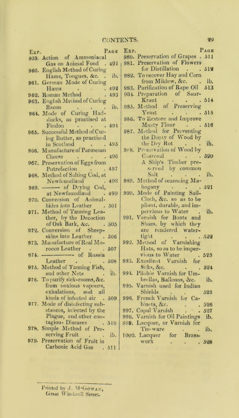 Exp. Page 959. Action of Ammoniacal Gas on Animal Food . 491 960. English Method of Curing Hams, Tongues, &c. . ib. 961. German Mode of Curing Hams . . . 492 962. Roman Method . 493 963. English Method of Curing Bacon . . . ib. 964. Mode of Curing Had- docks, as practised at Findon • . . 494 965. Successful Method of Cur- ing Butter, as practised in Scotland . . 495 906. Manufacture of Parmesan Cheese . . . 496 967. Preservation of Eggs from Putrefaction . .497 968. Method of Salting Cod, at Newfoundland . 498 969. — of Drying Cod, at Newfoundland . 499 970. Conversion of Animal- hides into Leather . 501 971. Method of Tanning Lea- ther, by the Decoction of Oak Bark, &c. . 505 972. Conversion of Sheep- skins into Leather . 506 973. Manufacture of Real Mo- rocco Leather . . 507 974. of Russia Leather . . . 508 975. Method of Tanning Fish, and other Nets . ib. 976. To purify sick-rooms,&c. from noxious vapours, exhalations, and all kinds of infected air . 509 977. Mode of disinfecting sub- stances, infected by the Plague, and other con- tagious Diseases . 510 978. Simple Method of Pre- serving Fruit . . ib. 979. Preservation of Fruit in Carbonic Acid Gas . 511 Exp. Page 980. Preservation of Grapes .511 981. Preservation of Flowers for Distillation . .512 982. To recover Hay and Corn from Mildew, &c. . ib. 983. Purification of Rape Oil 513 984. Preparation of Saur- Kraut . . . 514 985. Method of Preserving Yeast . . .515 986. To Restore and Improve Musty Flour . . 516 987. Method for Preventing the Decay of Wood by the Dry Rot . . ib. 9,-8. Preservation of Wood by Cnarcoul . . 52U A Ship’s Timber pre- served by common Salt . . . ib. 989. Method of seasoning Ma- hogany . . .521 990. Mode of Painting Sail- Cloth, &c. so as to be pliant, durable, and im- pervious to Water . ib. 991. Varnish for Boots and Shoes, by which they are rendered water- tight . ... 522 992. Method of Varnishing Hats, so as to be imper- vious to Water . 523 99.3. Excellent Varnish for Silks, &e. . . 524 99 4. Pliable Varnish for Um- brellas, Balloons, &c. ib. 995. Varnish used for Indian Shields . . 525 996. French Varnish for Ca- binets, &c. . . 526 997. Copal Varnish . . 527 998. Varnish for Oil Paintings ib. 999. Lacquer, or Varnish for Tin-ware . . ib. 1000. Lacquer for Brass- work . . . 528 Printed by J. \I‘Go wax, Great Windmill Street.