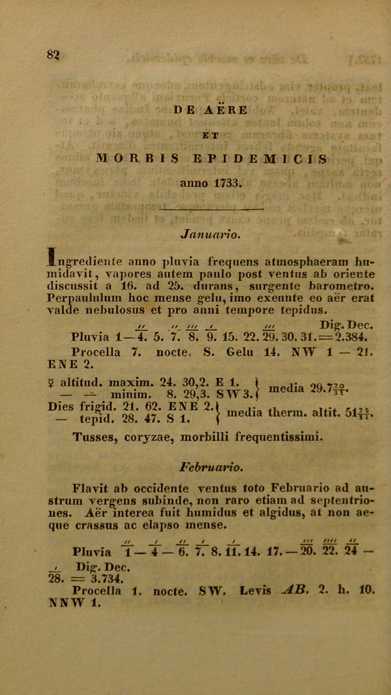 DE AERE E T MORBIS EPIDEMICIS anno 1733. Jnnunrio. Ing’rediente anno plnvia fretfuens atinosphaeram hu- midavit, vapores autein paulo post ventus ab oriente discussit a 16. ad 25. durails, surg'ente barometro. Perpanlulum hoc mense gelu, iino exenute eo aer erat valde nebulosus et pro anni tempore tepidus. // //_ /// / /// Dig:. Dec. Pluvia 1 — 4. 5. 7. 8. 9. 15. 22. 29. 30. 31. = 2.384. Procella 7. node, S. Gelu 14. NW 1 — 21. ENE 2. media 29.7|£. ? altitud. maxim. 24. 30,2. E 1. — minim. 8. 29,3. SW3 | media therm, altit. 51|4* Dies frigid. 21. 62. ENE 2. 4 — tepid. 28. 47. S 1. Tusses, coryzae, morbilli frequentissimi. Februario. Flavit ab occidente ventus toto Februario ad au- struin verg:ens subinde, non raro etiain ad septentrio- nes. Aer interea fuit huinidus et algidus, at non ae- que crassus ac elapso mense. // / // / / *** , Pluvia 1 — 4 — 6. 7. 8.11.14. 17. — 20. 22. 24 - > Dig-. Dec. 28. = 3.734. Procella 1. node. SW. Levis AB. 2. h. 10. NNW 1.