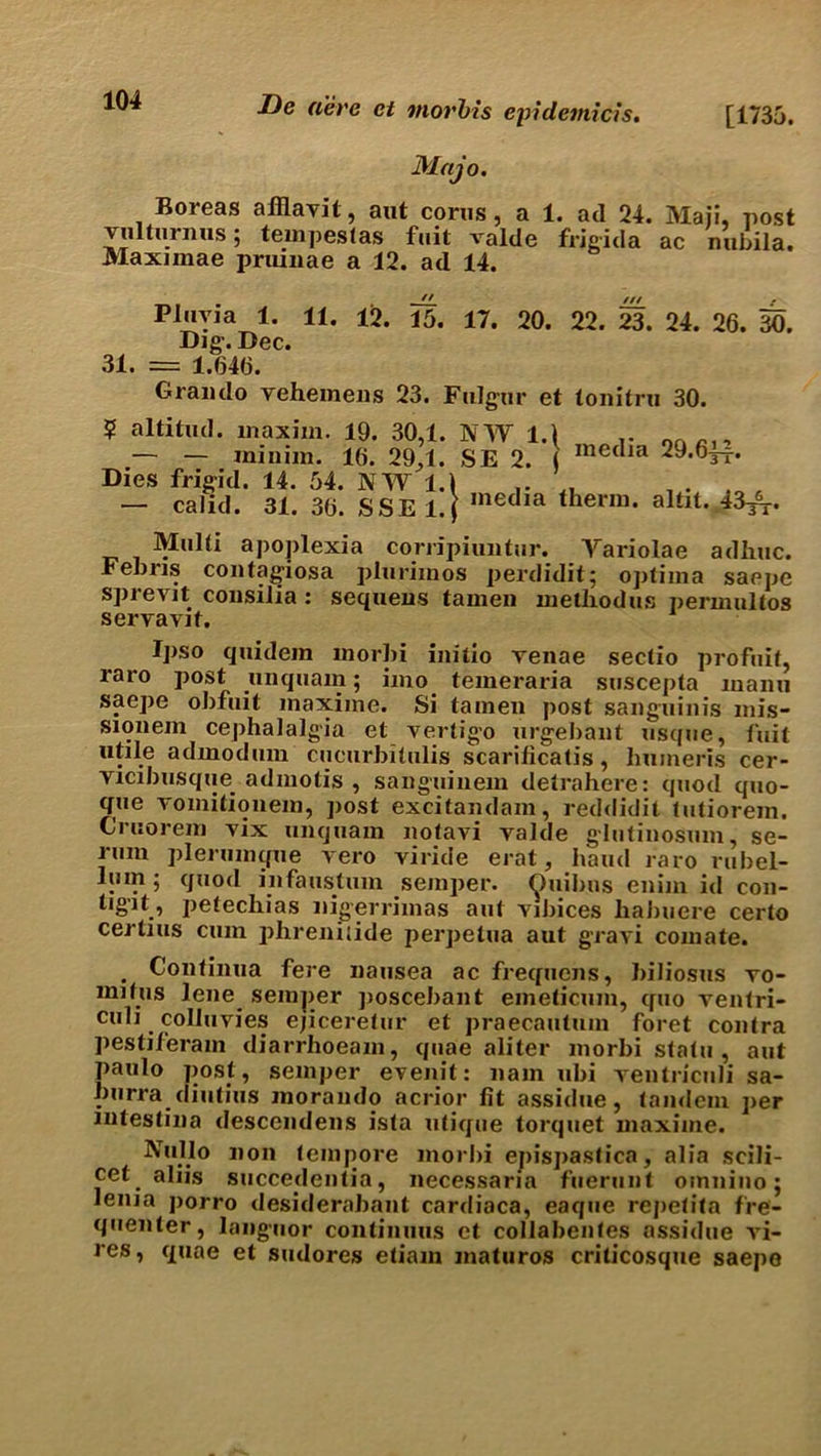 [1735. Dc (Cere ct morbis ejridemicis. Mojo. Boreas afflavit, aut corns, a 1. ad 24. Mali, post vnlturnus; tempestas fait valde frigida ac nubila. Maxunae prninae a 12. ad 14. // /// plTia 1- 11. 12. 15. 17. 20. 22. 23. 24. 26. 30. Dig-. Dec. 31. = 1.646. Graiulo yeheinens 23. Falgur et tonitru 30. ? altitud. maxim. 19. 30,1. NW 1.1 — — minim. 16. 29..1. SE 2. j medla Dies frigid. 14. 54. NW 1.1 , — calid. 31. 36. SSE 1.} ,nedia therm- iHx- Multi apoplexia corripiuntur. Yariolae ad hue. Fenris contagiosa plurimos perdidit; optima saepe sprevit consilia : sequens tainen methodus permnltos seryavit. Ipso quidein morbi initio yenae sectio profuit, raro post unquam; imo temeraria suscepta manti saepe obfuit inaxime. Si tamen post sanguinis mis- sionem cephalalgia et vertigo urgebant usque, fuit utile a dinod um cucurbitulis scarificatis, huineris cer- vicibusque admotis , sanguinem detrahere: quod quo- que vomitionem, post excitandam, reddidit tutiorem. Cruorem yix unquam notavi valde glutinosum, se- rum plerumque vero viride erat, baud raro rubel- lum ; quod infaustum semper. Ouibus enim id con- tjgit, petechias nigerrimas aut vibices habuere certo certius cum phreniiide perpetua aut gravi comate. . Continua fere nausea ac frequens, biliosus vo- mifus lene semper poscebant emeticum, quo ventri- culi colluvies ejiceretur et praecautum foret contra pestiferam diarrlioeam, quae aliter morbi statu , aut paulo post, semper evenit: nam ubi ventricnli sa- burra dinting moraudo acrior lit assidue, tandem per mtestina descendens ista utique torquet maxiine. Nullo non tempore morbi epispastica, alia scili- cet _ aliis succedentia, necessana fuerunt omnino; lenia porro desiderabant cardiaca, eaque repetita fre- quenter , languor continuus et collabentes assidue vi- res, quae et sudores etiam maturos criticosque saepe