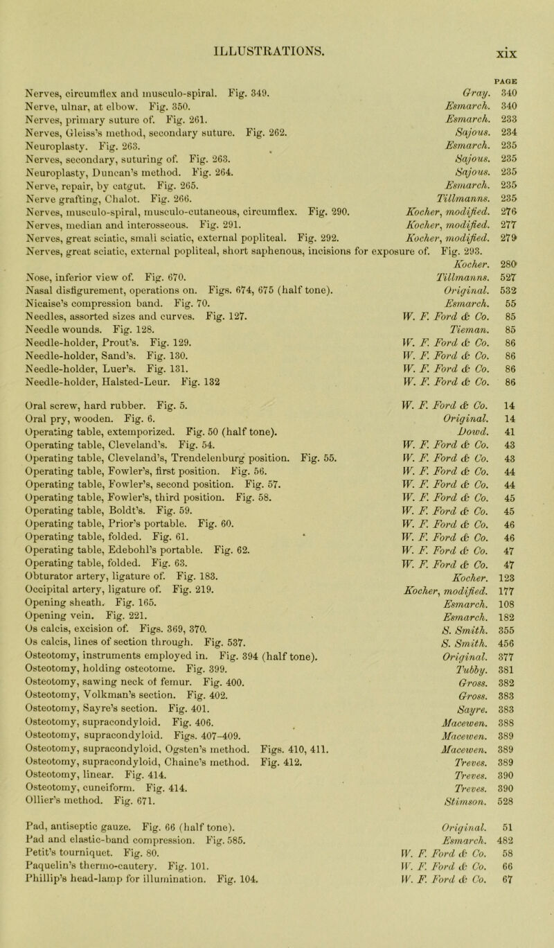 xix PAGE Nerves, circumflex and lnusculo-spiral. Fig. 349. Gray. 340 Nerve, ulnar, at elbow. Fig. 350. Esmarch. 340 Nerves, primary suture of. Fig. 261. Esmarch. 233 Nerves, Gleiss’s method, secondary suture. Fig. 262. Sajous. 234 Neuroplasty. Fig. 263. Esmarch. 235 Nerves, secondary, suturing of. Fig. 263. Sajous. 235 Neuroplasty, Duncan’s method. Fig. 264. Sajous. 235 Nerve, repair, by catgut. Fig. 265. Esmarch. 235 Nerve grafting, Chalot. Fig. 266. Tillmanns. 235 Nerves, musculo-spiral, musculo-cutaneous, circumflex. Fig. 290. Kochcr, modijied. 276 Nerves, median and interosseous. Fig. 291. Kocher, modijied. 277 Nerves, great sciatic, sinali sciatic, external popliteal. Fig. 292. Kocher, modijied. 279 Nerves, great sciatic, external popliteal, short saphenous, incisions for exposure of. Fig. 293. Kocher. 280 Nose, inferior view of. Fig. 670. Tillmanns. 527 Nasal disfigurement, operations on. Figs. 674, 675 (half tone). Original. 532 Nicaise’s compression band. Fig. 70. Esmarch. 55 Needles, assorted sizes and curves. Fig. 127. W. F. Ford & Go. 85 Needle wounds. Fig. 128. Tieman. 85 Needle-holder, Prout’s. Fig. 129. W. F. Ford db Co. 86 Needle-holder, Sand’s. Fig. 130. W. F. Ford db Co. 86 Needle-holder, Luer’s. Fig. 131. W. F. Ford db Co. 86 Needle-holder, Halsted-Leur. Fig. 132 W. F. Ford db Co. 86 Oral screw, hard rubber. Fig. 5. W. F. Ford db Co. 14 Oral pry, wooden. Fig. 6. Original. 14 Operating table, extemporized. Fig. 50 (half tone). JL)owd. 41 Operating table, Cleveland’s. Fig. 54. W. F. Ford <b Co. 43 Operating table, Cleveland’s, Trendelenburg position. Fig. 55. \V.. F. Ford db Co. 43 Operating table, Fowler’s, first position. Fig. 56. W. F. Ford db Co. 44 Operating table, Fowler’s, second position. Fig. 57. W. F Ford db Co. 44 Operating table, Fowler’s, third position. Fig. 58. W. F. Ford db Co. 45 Operating table, Boldt’s. Fig. 59. W. F. Ford db Co. 45 Operating table, Prior’s portable. Fig. 60. W. F. Ford db Co. 46 Operating table, folded. Fig. 61. W. F. Ford db Co. 46 Operating table, Edebohl’s portable. Fig. 62. W. F. Ford db Co. 47 Operating table, folded. Fig. 63. W. F. Ford & Co. 47 Obturator artery, ligature of. Fig. 183. Kocher. 123 Occipital artery, ligature of. Fig. 219. Kocher, modijied. 177 Opening sheath. Fig. 165. Esmarch. 108 Opening vein. Fig. 221. Esmarch. 182 Os calcis, excision of. Figs. 369, 370. S. Smith. 355 Os calcis, lines of section through. Fig. 537. S. Smith. 456 Osteotomy, instruments employed in. Fig. 394 (halftone). Original. 377 Osteotomy, holding osteotome. Fig. 399. Tubby. 381 Osteotomy, sawing neck of femur. Fig. 400. Gross. 382 Osteotomy, Volkman’s section. Fig. 402. Gross. 383 Osteotomy, Sayre’s section. Fig. 401. Sayre. 383 Osteotomy, supracondyloid. Fig. 406. Macewen. 388 Osteotomy, supracondyloid. Figs. 407-409. Macewen. 389 Osteotomy, supracondyloid, Ogsten’s method. Figs. 410, 411. Macewen. 389 Osteotomy, supracondyloid, Chaine’s method. Fig. 412. Treves. 389 Osteotomy, linear. Fig. 414. Treves. 390 Osteotomy, cuneiform. Fig. 414. Treves. 390 Ollier’s method. Fig. 671. Stimson. 528 Pad, antiseptic gauze. Fig. 66 (half tone). Original. 51 Pad and elastic-band compression. Fig. 585. Esmarch. 482 Petit’s tourniquet. Fig. 80. W. F. Ford cb Co. 58 Paquelin’s thermo-cautery. Fig. 101. W. F. Ford & Co. 66