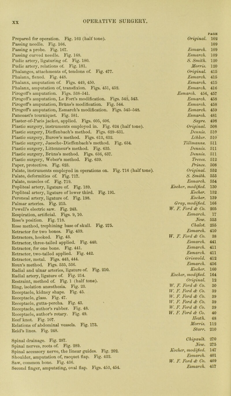 Prepared for operation. Fig. 162 (half tone). Passing needle. Fig. 166. Passing a probe. Fig. 167. Passing curved needle. Fig. 168. Pudic artery, ligaturing of. Fig. 180. Pudic artery, relations of. Fig. 181. Phalanges, attachments of, tendons of. Fig. 477. Phalanx, flexed. Fig. 448. Phalanx, amputation of. Figs. 449, 450. Phalanx, amputation of, transfixion. Figs. 451, 452. Pirogoffs amputation. Figs. 538-541. Pirogoffs amputation, Le Fort’s modification. Figs. 542, 543. Pirogotfs amputation, Bruns’s modification. Fig. 544. Pirogoffs amputation, Esmarch’s modification. Figs. 545-548. Pancoast’s tourniquet. Fig. 581. Plaster-of-Paris jacket, applied. Figs. 605, 606. Plastic surgery, instruments employed in. Fig. 624 (half tone). Plastic surgery, Diett'enbach’s method. Figs. 629-631. Plastic surgery, Burow’s method. Figs. 613, 632. Plastic surgery, Jaesche-Dieffenbach’s method. Fig. 634. Plastic surgery, Littenneur’s method. Fig. 635. Plastic surgery, Bruns’s method. Figs. 636, 637. Plastic surgery, Weber’s method. Fig. 639. Paper, protective. Fig. 623. Palate, instruments employed in operations on. Fig. 716 (half tone). Palate, deformities of. Fig. 717. Palate, muscles of. Fig. 719. Popliteal artery, ligature of. Fig. 189. Popliteal artery, ligature of lower third. Fig. 191. Peroneal artery, ligature of. Fig. 198. Palmar arteries. Fig. 215. Powell’s electric saw. Fig. 243. Respiration, artificial. Figs. 9, 10. Rose’s position. Fig. 718. Rose method, trephining base of skull. Fig. 275. Retractor for two bones. Fig. 439. Retractors, hooked. Fig. 43. Retractor, three-tailed applied. Fig. 440. Retractor, for one bone. Fig. 441. Retractor, two-tailed applied. Fig. 442. Retractor, metal. Figs. 443, 444. Roux’s method. Figs. 535, 536. Radial and ulnar arteries, ligature of. Fig. 210. Radial artery, ligature of. Fig. 214. Restraint, method of. Fig. 1 (half tone). Ring, isolation anaesthesia. Fig. 23. Receptacle, kidney shape. Fig. 45. Receptacle, glass. Fig. 47. Receptacle, gutta-percha. Fig. 43. Receptacle, author’s rubber. Fig. 48. Receptacle, author’s rotary. Fig. 49. Reef knot. Fig. 107. Relations of abdominal vessels. Fig. 173. Reid’s lines. Fig. 248. Spinal drainage. Fig. 287. Spinal nerves, roots of. Fig. 289. Spinal accessory nerve, the linear guides. Fig. 202. Shoulder, amputation of, racquet flap. Fig. 422. Saw, common bone. Fig. 436. Second finger, amputating, oval flap. Figs. 453, 454. PAGE Original. 102 109 Esmarch.. 109 Esmarch. 109 S. Smith. 120 Morris. 120 Original. 415 Esmarch. 415 Esmarch. 415 Esmarch. 416 Esmarch. 456 , 457 Esmarch. 458 Esmarch. 458 Esmarch. 459 Esmarch. 481 Sayre. 498 Original. 508 Dennis. 510 Lobker. 510 Tillmanns. 511 Dennis. 511 Dennis. 511 Treves. 512 Prince. 508 Original. 552 S. Smith. 553 Esmarch. 554 Kocher, modified. 130 Kocher. 132 Kocher. 139 Gray, modified. 166 W. F. Ford & Co. 205 Esmarch. 17 Few. 553 Chalot. 255 Esmarch. 410 W. F. Ford it Co. 38 Esmarch. 441 Esmarch. 411 Esmarch. 411 Griswold. 412 Esmarch. 456 Kocher. 160 Kocher, modified. 164 Original. 12 W. F. Ford <t Co. 30 W. F. Ford & Co. 39 W. F. Ford <t Co. 39 W. F. Ford ib Co. 39 W. F. Ford & Co. 39 W. F. Ford <t Co. 40 Heath. 68 Morris. 112 Starr. 210 Chipault. 270 Few. 275 Kocher, modified. 147 Esmarch. 401 W. F. Ford it Co. 409 Esmarch. 417