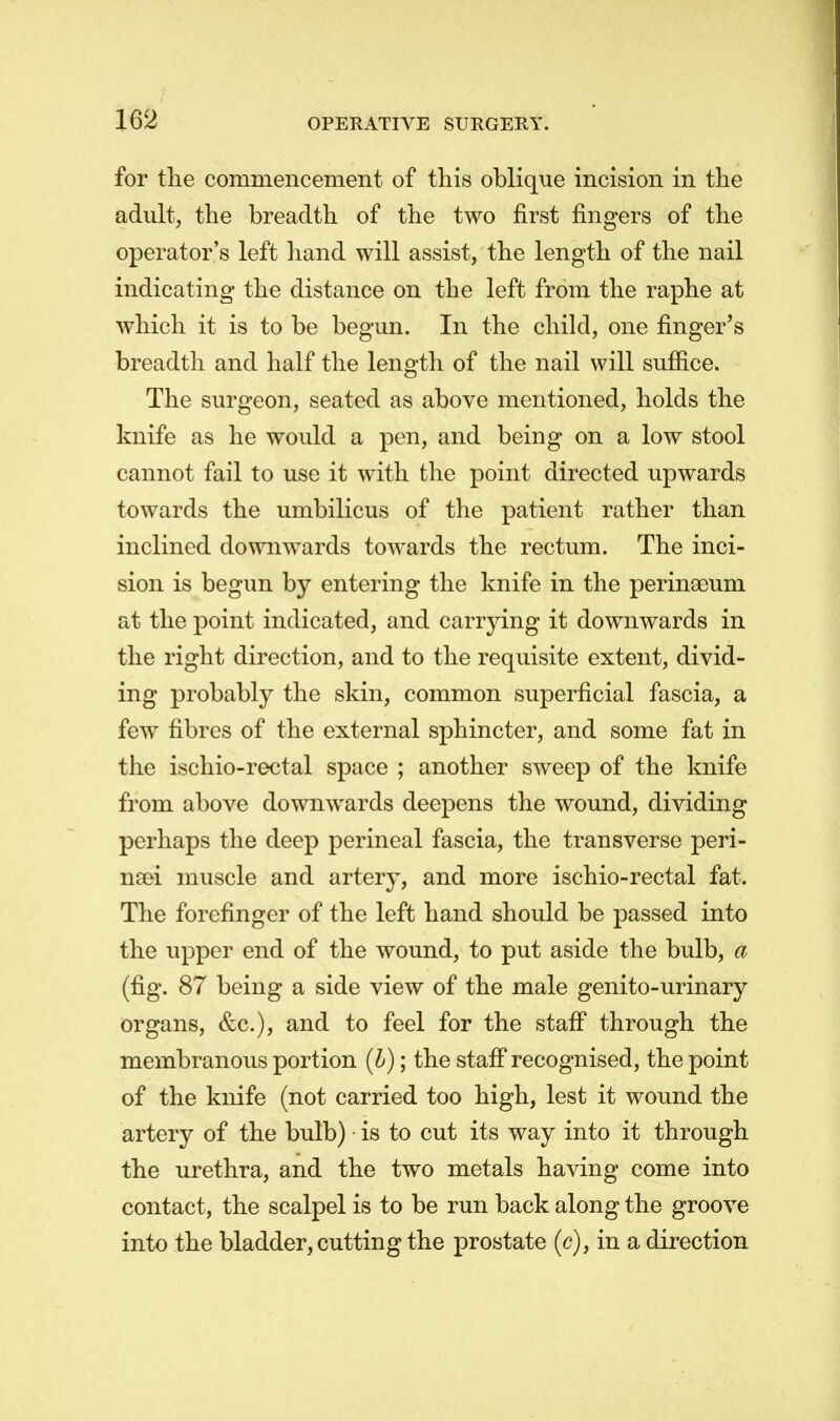 for the commencement of this oblique incision in the adult, the breadth of the two first fingers of the operator's left hand will assist, the length of the nail indicating the distance on the left from the raphe at which it is to be begun. In the child, one finger's breadth and half the length of the nail will suffice. The surgeon, seated as above mentioned, holds the knife as he would a pen, and being on a low stool cannot fail to use it with the point directed upwards towards the umbilicus of the patient rather than inclined downwards towards the rectum. The inci- sion is begun by entering the knife in the perinaDum at the point indicated, and carrying it downwards in the right direction, and to the requisite extent, divid- ing probably the skin, common superficial fascia, a few fibres of the external sphincter, and some fat in the ischio-rectal space ; another sweep of the knife from above downwards deepens the wound, dividing perhaps the deep perineal fascia, the transverse peri- naei muscle and artery, and more ischio-rectal fat. The forefinger of the left hand should be passed into the upper end of the wound, to put aside the bulb, a (fig. 87 being a side view of the male genito-urinary organs, &c), and to feel for the staff through the membranous portion (I); the staff recognised, the point of the knife (not carried too high, lest it wound the artery of the bulb) is to cut its way into it through the urethra, and the two metals having come into contact, the scalpel is to be run back along the groove into the bladder, cutting the prostate (c), in a direction