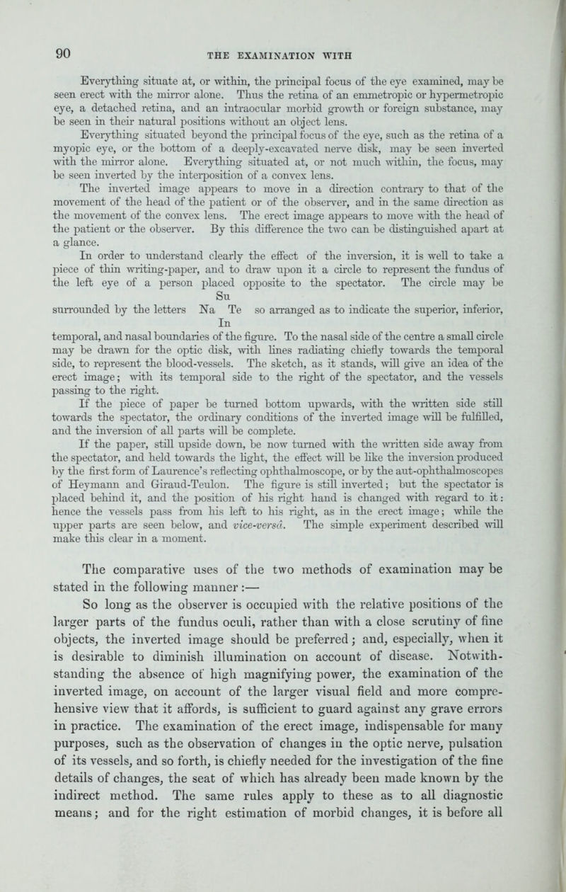 Everything situate at, or within, the principal focus of the eye examined, may be seen erect with the mirror alone. Thus the retina of an emmetropic or hypermetropic eye, a detached retina, and an intraocular morbid growth or foreign substance, may be seen in their natural positions without an object lens. Everything situated beyond the principal focus of the eye, such as the retina of a myopic eye, or the bottom of a deejDly-excavated nerve disk, may be seen inverted with the mirror alone. Everything situated at, or not much within, the focus, may be seen inverted by the interposition of a convex lens. The inverted image appears to move in a direction contrary to that of the movement of the head of the patient or of the observer, and in the same direction as the movement of the convex lens. The erect image appears to move with the head of the patient or the observer. By this difference the two can be distinguished apart at a glance. In order to understand clearly the effect of the inversion, it is well to take a piece of thin writing-paper, and to draw upon it a circle to represent the fundus of the left eye of a person placed opposite to the spectator. The circle may be Su surrounded by the letters Na Te so arranged as to indicate the superior, inferior, In temporal, and nasal boundaries of the figure. To the nasal side of the centre a small circle may be drawn for the optic disk, with lines radiating chiefly towards the temporal side, to represent the blood-vessels. The sketch, as it stands, will give an idea of the erect image; with its temporal side to the right of the spectator, and the vessels passing to the right. If the piece of paper be turned bottom upwards, with the written side still towards the spectator, the ordinary conditions of the inverted image will be fulfilled, and the inversion of all parts will be complete. If the paper, still upside down, be now turned with the written side away from the spectator, and held towards the light, the effect will be like the inversion produced by the first form of Laurence's reflecting ophthalmoscope, or by the aut-ophthalmoscopes of Heymann and Giraud-Teulon. The figure is still inverted; but the spectator is placed behind it, and the position of his right hand is changed with regard to it: hence the vessels pass from his left to his right, as in the erect image; while the upper parts are seen below, and vice-versa. The simple experiment described will make this clear in a moment. The comparative uses of the two methods of examination may be stated in the following manner :— So long as the observer is occupied with the relative positions of the larger parts of the fundus oculi, rather than with a close scrutiny of fine objects, the inverted image should be preferred; and, especially, when it is desirable to diminish illumination on account of disease. Notwith- standing the absence of high magnifying power, the examination of the inverted image, on account of the larger visual field and more compre- hensive view that it affords, is sufficient to guard against any grave errors in practice. The examination of the erect image, indispensable for many purposes, such as the observation of changes in the optic nerve, pulsation of its vessels, and so forth, is chiefly needed for the investigation of the fine details of changes, the seat of which has already been made known by the indirect method. The same rules apply to these as to all diagnostic means; and for the right estimation of morbid changes, it is before all