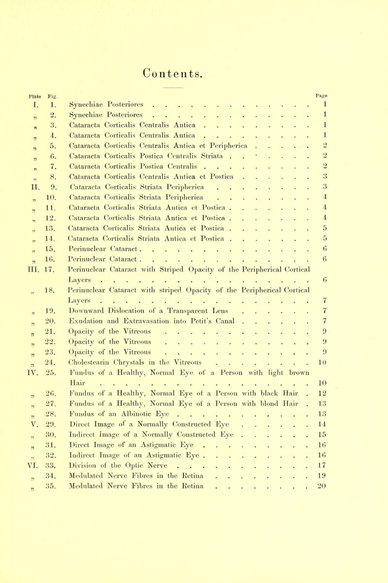 Contents. Plate Fig. Page I. 1. Synecliiae Posteriores 1 „ 2. Synecliiae Posteriores 1 „ 3. Cataracta Corticalis Centralis Antica 1 „ 4. Cataracta Corticalis Centralis Antica 1 „ 5. Cataracta Corticalis Centralis Antica et Peripherica 2 „ 6. Cataracta Corticalis Postica Centralis Striata ...... 2 „ 7. Cataracta Corticalis Postica Centralis 2 n 8. Cataracta Corticalis Centralis Antica et Postica 3 II. 9. Cataracta Corticalis Striata Peripherica 3 „ 10. Cataracta Corticalis Striata Peripherica 4 „ 11. Cataracta Corticalis Striata Antica et Postica 4 „ 12. Cataracta Corticalis Striata Antica et Postica 4 „ 13. Cataracta Corticalis Striata Antica et Postica 5 „ 14. Cataracta Corticalis Striata Antica et Postica 5 „ 15. Perinuclear Cataract 6 _ 16. Perinuclear Cataract 6 III. 17. Perinuclear Cataract with Striped Opacity of the Peripherical Cortical Layers 6 „ 18. Perinuclear Cataract with striped Opacity of the Peripherica! Cortical Layers 7 „ 19. Downward Dislocation of a Transparent Lens 7 n 20. Exudation and Extravasation into Petit's Canal 7 _ 21. Opacity of the Vitreous 9 „ 22. Opacity of the Vitreous 9 „ 23. Opacity of the Vitreous 9 n 24. Gholestearin Chrystals in the Vitreous ........ 10 IV. 25. Fundus of a Healthy, Normal Eye of a Person with light brown Hair 10 „ 26. Fundus of a Healthy, Normal Eye of a Person with black Hair . 12 „ 27. Fundus of a Healthy, Normal Eye of a Person with blond Hair . 13 „ 28. Fundus of an Albinotic Eye 13 V. 29. Direct Image of a Normally Constructed Eye 14 „ 30. Indirect Image of a Normally Constructed Eye 15 „ 31. Direct Image of an Astigmatic Eye 16 „ 32. Indirect Image of an Astigmatic Eye 16 VI. 33. Division of the Optic Nerve 17 „ 34. Modulated Nerve Fibres in the Eetina 19 35. Medulated Nerve Fibres in the Retina 20