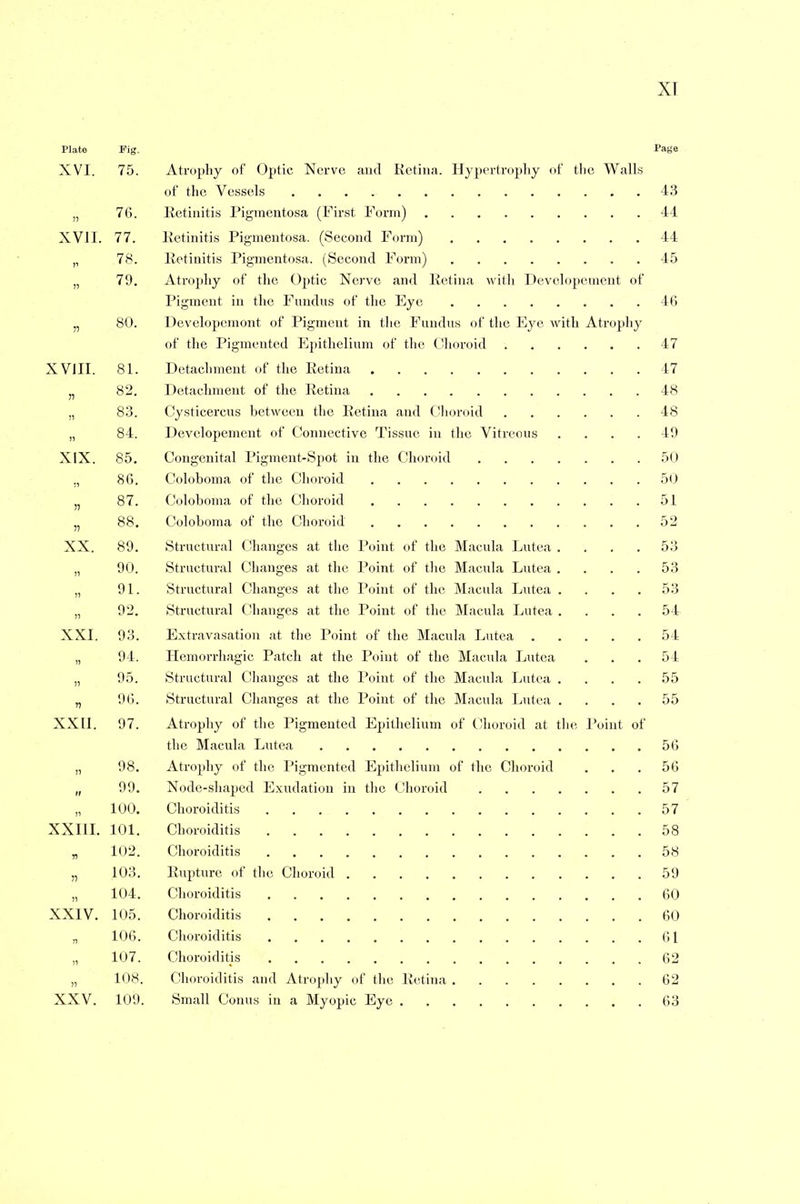 Plate Pig. Page XVI. 75. Atrophy of Optic Nerve and Retina. Hypertrophy of the Walls of the Vessels 43 , 76. Retinitis Pigmentosa (First Form) 44 XVII. 77. Retinitis Pigmentosa. (Second Form) 44 „ 78. Retinitis Pigmentosa. (Second Form) 45 79. Atrophy of the Optic Nerve and Retina with Developetncnt of Pigment in the Fundus of the Eye 46 80. Developemont of Pigment in the Fundus of the Eye with Atrophy of the Pigmented Epithelium of the Choroid 47 XVJII. 81. Detachment of the Retina 47 _ 82. Detachment of the Retina 48 ., 83. Cysticercus between the Retina and Choroid 48 „ 84. Developement of Connective Tissue in the Vitreous .... 49 XIX. 85. Congenital Pigment-Spot in the Choroid 50 86. Coloboma of the Choroid 50 n 87. Coloboma of the Choroid 51 „ 88. Coloboma of the Choroid 52 XX. 89. Structural Changes at the Point of the Macula Lutea .... 53 „ 90. Structural Changes at the Point of the Macula Lutea .... 53 „ 91. Structural Changes at the Point of the Macula Lutea .... 53 „ 92. Structural Changes at the Point of the Macula Lutea .... 54 XXI. 93. Extravasation at the Point of the Macula Lutea 54 „ 94. Hemorrhagic Patch at the Point of the Macula Lutea ... 54 „ 95. Structural Changes at the Point of the Macula Lutea .... 55 „ 96. Structural Changes at the Point of the Macula Lutea .... 55 XXII. 97. Atrophy of the Pigmented Epithelium of Choroid at the Point of the Macula Lutea 56 „ 98. Atrophy of the Pigmented Epithelium of the Choroid ... 56 „ 99. Node-shaped Exudation in the Choroid 57 100. Choroiditis 57 XXIII. 101. Choroiditis 58 „ 102. Choroiditis 58 „ 103. Rupture of the Choroid 59 „ 104. Choroiditis 60 XXIV. 105. Choroiditis 60 „ 106. Choroiditis 61 107. Choroiditis 62 „ 108. Choroiditis and Atrophy of the Retina 62 XXV. 109. Small Conns in a Myopic Eye 63