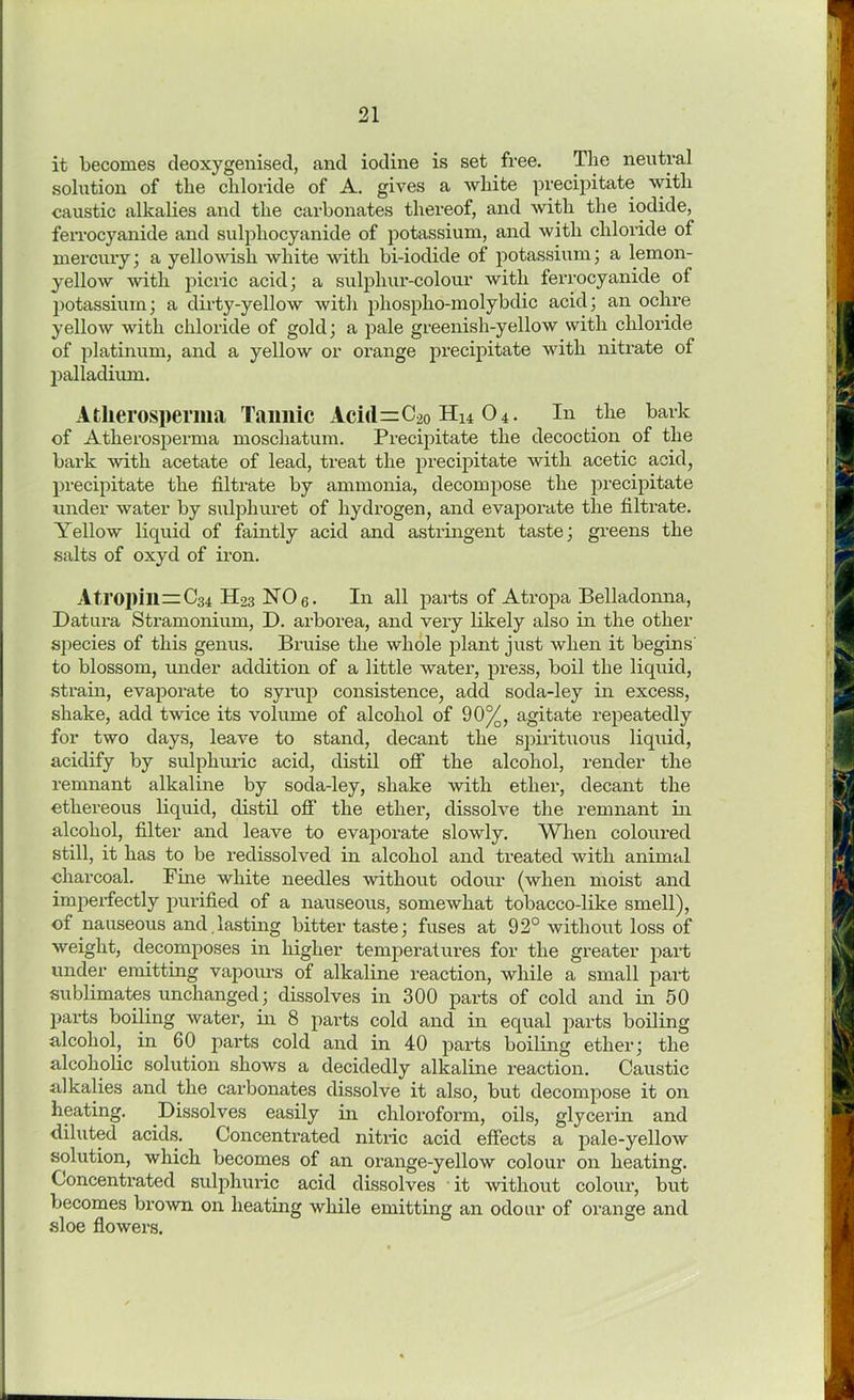 it becomes deoxygenised, and iodine is set free. The neutral solution of the chloride of A. gives a white precipitate with caustic alkalies and the carbonates thereof, and with the iodide, ferrocyanide and sulphocyanide of potassium, and with chloride of mercury; a yellowish white with bi-iodide of potassium; a lemon- yellow with picric acid; a sulphur-colour with ferrocyanide of potassium; a dirty-yellow with phospho-molybdic acid; an ochre yellow with chloride of gold; a pale greenish-yellow with chloride of platinum, and a yellow or orange precipitate with nitrate of palladium. Atlierosperma Tannic Aci(l=C20 Hu 04. In the bark of Atlierosperma moschatum. Precipitate the decoction of the bark with acetate of lead, treat the precipitate with acetic acid, precipitate the filtrate by ammonia, decompose the precipitate under water by sulpliuret of hydrogen, and evaporate the filtrate. Yellow liquid of faintly acid and astringent taste; greens the salts of oxyd of iron. Atropine C34 H23 N06. In all parts of Atropa Belladonna, Datura Stramonium, D. arborea, and very likely also in the other species of this genus. Bruise the whole plant just when it begins' to blossom, under addition of a little water, press, boil the liquid, strain, evaporate to syrup consistence, add soda-ley in excess, shake, add twice its volume of alcohol of 90%, agitate repeatedly for two days, leave to stand, decant the spirituous liquid, acidify by sulphuric acid, distil off the alcohol, render the remnant alkaline by soda-ley, shake with ether, decant the ethereous liquid, distil off the ether, dissolve the remnant in alcohol, filter and leave to evaporate slowly. When coloured still, it has to be redissolved in alcohol and treated with animal charcoal. Fine white needles without odour (when moist and imperfectly purified of a nauseous, somewhat tobacco-like smell), of nauseous and lasting bitter taste; fuses at 92° without loss of weight, decomposes in higher temperatures for the greater part under emitting vapours of alkaline reaction, while a small part sublimates unchanged; dissolves in 300 parts of cold and in 50 parts boiling water, in 8 parts cold and in equal parts boiling alcohol, in 60 parts cold and in 40 parts boiling ether; the alcoholic solution shows a decidedly alkaline reaction. Caustic alkalies and the carbonates dissolve it also, but decompose it on heating. Dissolves easily in chloroform, oils, glycerin and diluted acids. Concentrated nitric acid effects a pale-yellow solution, which becomes of an orange-yellow colour on heating. Concentrated sulphuric acid dissolves it without colour, but becomes brown on heating while emitting an odour of orange and sloe flowers.