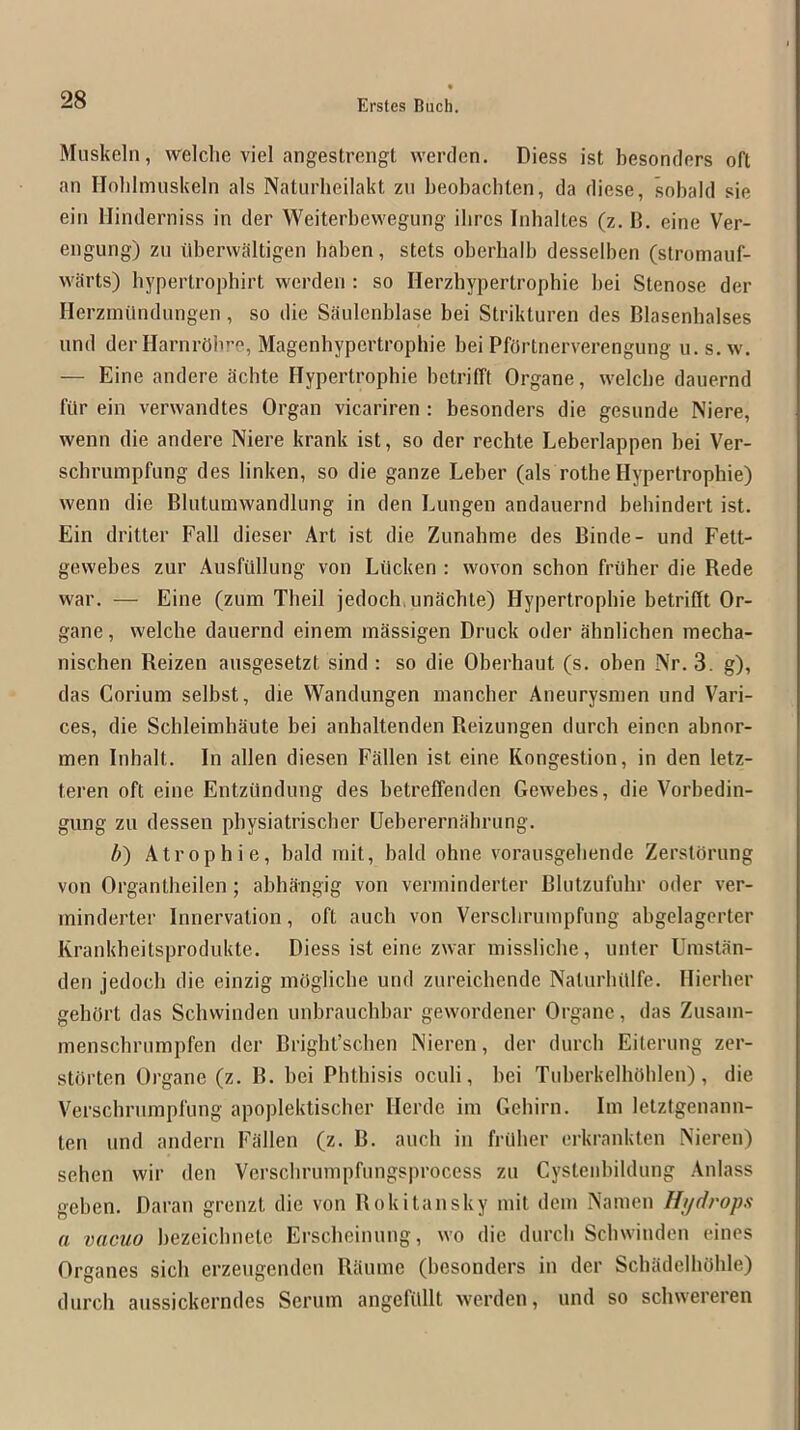 Muskeln, welclie viel angestrengt vverden. Diess ist besondors oft an Holilmuskeln als Natiirheilakt zii beobachten, da diese, sobald sie eiii llinderniss in der Weiterbewegung ilircs Inhaltes (z. B. cine Ver- engung) zn itberwaltigen haben, stets oberbalb desselben (stromauf- warts) hyperlrophirt werden : so Herzbypertropbie bei Stenose der Herzniilndiingen, so die Saulenblase bei Strikturen des Blasenhalses und der Harnrdbre, Magenbypcrtrophie bei Pftirtnerverengung u. s. w. — Eine andere achte Hypertrophie betrifft Organe, welcbe dauernd fiir eiii verwandtes Organ vicariren : besonders die gesnnde Niere, wenn die andere Niere krank ist, so der recbte Leberlappen bei Ver- schrumpfung des linken, so die gauze Leber (als rothe Hypertrophie) wenn die Blutumwandlung in den Lungen andauernd beliindert ist. Ein dritter Fall dieser Art ist die Zunahme des Binde- und Fett- gewebes zur AusfUllung von Lilcken : wovon schon friiher die Bede war. — Eine (zum Theil jedoch.unacbte) Hypertrophie betrifft Or- gane, welcbe dauernd einem massigen Druck oder ahnlichen mecha- nischen Reizen ausgesetzt sind : so die Oberhaut (s. oben Nr. 3. g), das Corium selbst, die Wandungen mancher Aneurysnien und Vari- ces, die Schleimhaute bei anbaltenden Reizungen durch einen abnor- men Inhalt. In alien diesen Fallen ist eine Rongestion, in den letz- teren oft eine Entziindung des betreffenden Gewebes, die Vorbedin- gung zu dessen physiatriscber Ueberernabrung. b) Atrophic, bald mit, bald ohne vorausgeliende Zerstorung von Organtheilen; abhangig von verininderter Blutzufuhr oder ver- minderter Innervation, oft auch von Verscbriiinpfung abgelagerter Krankheitsprodukte. Diess ist eine zwar misslicbe, unter Umstan- den jedocli die einzig moglicbe und zureichende Naturlullfe. Hierher gehort das Schwinden unbrauchbar gewordener Organe, das Zusam- menschrumpfen der Bright’schen Nieren, der durch Eiterung zer- stbrten Organe (z. B. bei Phthisis oculi, bei Tuberkelhdblen), die Verschrnmpfung apoplektischer Herde im Gehirn. Iin letztgenann- ten nnd andern Fallen (z. B. auch in frillier erkrankten Nieren) sehen wir den Vcrscbrumpfungsprocess zu Cystenbildung Anlass geben. Daran grenzt die von Bokitansky mit dem Namen Ht/drops a vacuo bezeicbnete Erscbeinung, wo die durch Schwinden eines Organes sich erzeugcnden Raume (besonders in der ScbadclliOhle) durch aussickerndes Scrum angefilllt werden, und so schwereren