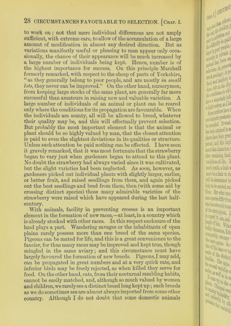2S CIRCUMSTANCES FAVOURABLE TO SELECTION. [Chap. I. to work on ; not that mere individual differences are not amply sufficient, with extreme care, to allow of the accumulation of a large amount of modification in almost any desired direction. But as variations manifestly useful or pleasing to man appear only occa- sionally, the chance of their appearance will be much increased by a large number of individuals being kept. Hence, number is of the highest importance for success. On this principle Marshall formerly remarked, with respect to the sheep of parts of Yorkshire, “ as they generally belong to poor people, and are mostly in small lots, they never can be improved.” On the other hand, nurserymen, from keeping large stocks of the same plant, are generally far more successful than amateurs in raising new and valuable varieties. A large number of individuals of an animal or plant can be reared only where the conditions for its propagation are favourable. When the individuals are scanty, all will be allowed to breed, whatever their quality may be, and this will effectually prevent selection. But probably the most important element is that the animal or plant should be so highly valued by man, that the closest attention is paid to even the slightest deviations in its qualities or structure. Unless such attention be paid nothing can be effected. I have seen it gravely remarked, that it was most fortunate that the strawberry began to vary just when gardeners began to attend to this plant. No doubt the strawberry had always varied since it was cultivated, but the slight varieties had been neglected. As soon, however, as gardeners picked out individual plants with slightly larger, earlier, or better fruit, and raised seedlings from them, and again picked out the best seedlings and bred from them, then (with some aid by crossing distinct species) those many admirable varieties of the strawberry were raised which have appeared during the last half- century. With animals, facility in preventing crosses is an important element in the formation of new races,—at least, in a country which is already stocked with other races. In this respect enclosure of the land plays a part. Wandering savages or the inhabitants of open plains rarely possess more than one breed of the same species. Pigeons can be mated for life, and this is a great convenience to the fancier, for thus many races may be improved and kept true, though mingled in the same aviary; and this circumstance must have largely favoured the formation of new breeds. Pigeons, I may add, can be propagated in great numbers and at a very quick rate, and inferior birds may be freely rejected, as when killed they serve for food. On the other hand, cats, from their nocturnal rambling habits, cannot be easily matched, and, although so much valued by women and children, we rarely see a distinct breed long kept up; such breeds as we do sometimes see are almost always imported from some other country. Although I do not doubt that some domestic animals