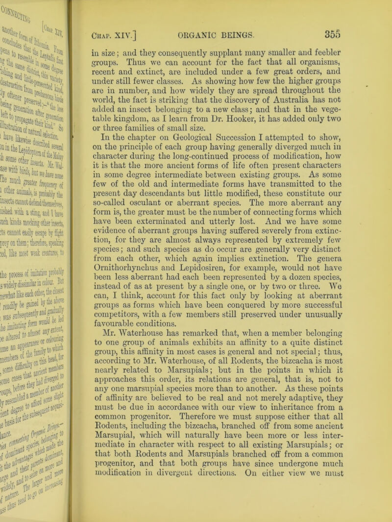 i!'®' j'CS'j* ,, “deration.ft1 less f40 propagate ^555fri So 1 ^?e likewisA j ra )n in the ta*1* seve0l ;isoieSPeraoffte^y ^ nmci greater frequency of i otner animals, is probably the lisked witk a sting, and I kve well kinds mocking otker insects, its cannot easily escape by flight prey on them; therefore, speaking led. like most weak create, to the process of imite »»*PF-“»S *%$(**** ■nut)5,l>e{oretby711berof an°tJl,e W*1 vyaffP1® 0 ciiitht ic reseniblea unnl some siio“ »*#f**l M ; i sPec^. | nlade ^ ,f d^’f ntajes $ ^piinaeb ^dV and®0 in size; and they consequently supplant many smaller and feebler groups. Thus we can account for the fact that all organisms, recent and extinct, are included under a few great orders, and under still fewer classes. As showing how few the higher groups are in number, and how widely they are spread throughout the world, the fact is striking that the discovery of Australia has not added an insect belonging to a new class; and that in the vege- table kingdom, as I learn from Dr. Hooker, it has added only two or three families of small size. In the chapter on Geological Succession I attempted to show, on the principle of each group having generally diverged much in character during the long-continued process of modification, how it is that the more ancient forms of life often present characters in some degree intermediate between existing groups. As some few of the old and intermediate forms have transmitted to the present day descendants but little modified, these constitute our so-called osculant or aberrant species. The more aberrant any form is, the greater must be the number of connecting forms which have been exterminated and utterly lost. And we have some evidence of aberrant groups having suffered severely from extinc- tion, for they are almost always represented by extremely few species; and such species as do occur are generally very distinct from each other, which again implies extinction. The genera Ornithorhynchus and Lepidosiren, for example, would not have been less aberrant had each been represented by a dozen species, instead of as at present by a single one, or by two or three. We can, I think, account for this fact only by looking at aberrant groups as forms which have been conquered by more successful competitors, with a few members still preserved under unusually favourable conditions. Mr. Waterhouse has remarked that, when a member belonging to one group of animals exhibits an affinity to a quite distinct group, this affinity in most cases is general and not special; thus, according to Mr. Waterhouse, of all Rodents, the bizcacha is most nearly related to Marsupials; but in the points in which it approaches this order, its relations are general, that is, not to any one marsupial species more than to another. As these points of affinity are believed to be real and not merely adaptive, they must be due in accordance with our view to inheritance from a common progenitor. Therefore we must suppose either that all Rodents, including the bizcacha, branched off from some ancient Marsupial, which will naturally have been more or less inter- mediate in character with respect to all existing Marsupials; or that both Rodents and Marsupials branched off from a common progenitor, and that both groups have since undergone much modification in divergent directions. On either view we must