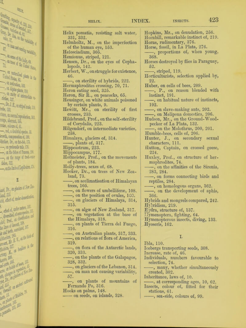 Helix pomatia, resisting salt water, 331, 332. Helmholtz, M., on the imperfection of the human eye, 153. Helosciailium, 30o. Hemionus, striped, 121. Ilensen, Dr., on the eyes of Cepha- lopods, 142. Herbert, W., on struggle for existence, 46. , on sterility of hybrids, 222. Hermaphrodites crossing, 70, 71. Heron eating seed, 325. Heron, Sir It., on peacocks, 65. Heusinger, on white animals poisoned by certain plants, 9. Hewitt, Mr., on sterility of first crosses, 233. Hildebrand, Prof., on the self-sterility of Corydalis, 223. Hilgendorf, on intermediate varieties, 258. Himalaya, glaciers of, 314. , plants of, 317. Hippeastrum, 223. Hippocampus, 177. Hofmeister, Prof., on the movements of plants, 184. Holly-trees, sexes of, 68. Hooker, Dr., on trees of New Zea- land, 73. , on acclimatisation of Himalayan trees, 105. , on flowers of umbellifene, 108. , on the position of ovules, ICO. , on glaciers of Himalaya, 314, 315. , on algae of New Zealand, 317. , on vegetation at the base of the Himalaya, 318. , on plants of Tierra del Fuego, 316. ——, on Australian plants, 317, 333. , on relations of flora of America, 319. , on flora of the Antarctic lands, 320, 333. , on the plants of the Galapagos, 328, 332. , on glaciers of the Lebanon, 314. , on man not causing variability, 57. , on plants of mountains of Fernando Po, 316. Hooks on palms, 148. • on seeds, on islands, 328. Hopkins, Mr., on denudation, 256. Hombill, remarkable instinct of, 219. j Horns, rudimentary, 376. I Horse, fossil, in La Plata, 276. I , proportions of, when young, 1 368. Horses destroyed by flies in Paraguay, 52. , striped, 119. Horticulturists, selection applied by, 22. Huber, on cells of bees, 209. , P., on reason blended with instinct, 191. , on habitual nature of instincts, 192. , on slave-making ants, 202. , on Melipona domestica, 206. Hudson, Mr., on the Ground-Wood- pecker of La Plata, 132. , on the Molothrus, 200, 201. Humble-bees, cells of, 206. Hunter, J., on secondary sexual characters, 111. llutton, Captain, on crossed geese, 224. Huxley, Prof., on structure of her- maphrodites, 74. , on the affinities of the Sirenia, 283, 284. , on forms connecting birds and reptiles, 284. , on homologous organs, 362. , on the development of aphis, 366. Hybrids and mongrels compared, 242. Hybridism, 219. Hydra, structure of, 137. Ilymenoptera, fighting, 64. Hymenopterous insects, diving, 133. Hyoseris, 162. I. Ibla, 110. Icebergs transporting seeds, 308. Increase, rate of, 46. Individuals, numbers favourable to selection, 74. , many, whether simultaneously created, 302. Inheritance, laws of, 10. , at corresponding ages, 10, 62. Insects, colour of, fitted for their stations, 61. , sea-side, colours of, 99.