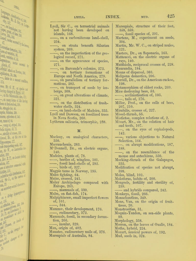 Lvell, Sir C., on terrestrial animals not having been developed on islands, 168. , on a carboniferous land-shell, 254. , on strata beneath Silurian system, 269. , on the imperfection of the geo- logical record, 271. , on the appearance of species, 271. , on Barrande’s colonies, 273. -, on tertiary formations of Europe and North America, 279. , on parallelism of tertiary for- mations, 282. , on transport of seeds by ice- bergs, 308. , on great alterations of climate, 321. , on the distribution of fresh- water shells, 324. , on land-shells of Madeira, 335. Lyell and Dawson, on fossilized trees in Nova Scotia, 260. Lythrum salicaria, trimorphic, 238. M. Macleay, on analogical characters, 350. Macrauchenia, 283. M‘DonneU, Dr., on electric organs, 140. Madeira, plants of, 78. , beetles of, wingless, 101. , fossil land-shells of, 292. , birds of, 327. Magpie tame in Norway, 195. Males fighting, 64. Maize, crossed, 241. Malay Archipelago compared with Europe, 263. •, mammals of, 330. Malm, on flat-fish, 174. Malpighiacese, small imperfect flowers of, 161. , 344. Mammae, their development, 176. , rudimentary, 372. Mammals, fossil, in secondary forma- tion, 266. , insular, 329. Man, origin of, 402. Manatee, rudimentary nails of, 376. Marsupials of Australia, 84. Marsupials, structure of their feet, 358, 359. , fossil species of, 291. Martens, M,, experiment on seeds, 304. Martin, Mr. W. C., on striped mules, 121. Masters, Dr., on Saponaria, 163. Matteucci, on the electric organs of rays, 140. Matthiola, reciprocal crosses of, 228. Maurandia, 184. Means of dispersal, 303. Melipona domestica, 206. Merrell, Dr., on the American cuckoo, 198. Metamorpliism of oldest rocks, 269. Mice destroying bees, 53. , acclimatisation of, 105. , tails of, 176. Miller, Prof., on the cells of bees, 207, 210. Mirabilis, crosses of, 227. j Missel-thrush, 55. ! Mistletoe, complex relations of, 2. Mivart, Mr., on the relation of hair and teeth, 107. , on the eyes of cephalopods, 142. , various objections to Natural Selection, 164. , on abrupt modifications, 187, 188. , on the resemblance of the mouse and antecliinus, 350. Mocking-thrush of the Galapagos, 335. Modification of species not abrupt, 398. Moles, blind, 102. Molothrus, habits of, 200. Mongrels, fertility and sterility of, 239. and hybrids compared, 242. Monkeys, fossil, 266. Monachanthus, 349. Mons, Van, on the origin of fruit- trees, 20. Monstrosities, 31. Moquin-Tandon, on sea-side plants, 99. Morphology, 358. Morren, on the leaves of Oxalis, 184. Moths, hybrid, 224. Mozart, musical powers of, 192. Mud, seeds in, 324.