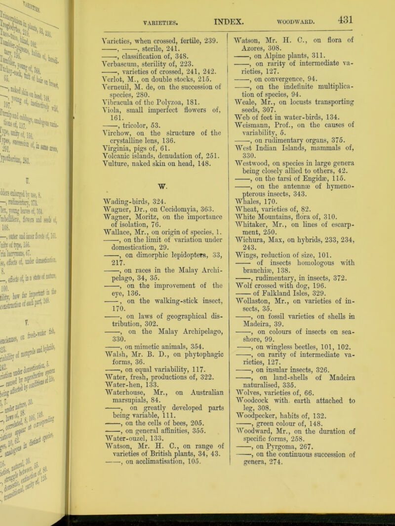 Varieties, when crossed, fertile, 239. , , sterile, 241. -, classification of, 348. Verbascum, sterility of, 223. ■, varieties of crossed, 241, 242. Verlot, M., on double stocks, 215. Verneuil, M. de, on the succession of species, 280. Yibracula of the Polyzoa, 181. Viola, small imperfect flowers of, 161. , tricolor, 53. Virchow, on the structure of the crystalline lens, 136. Virginia, pigs of, 61. Volcanic islands, denudation of, 251. Vulture, naked skin on head, 148. W. Wading-birds, 324. Wagner, Dr., on Cecidomyia, 363. Wagner, Moritz, on the importance of isolation, 76. Wallace, Mr., on origin of species, 1. , on the limit of variation under domestication, 29. , on dimorphic lepidoptera, 33, 217. , on races in the Malay Archi- pelago, 34, 35. , on the improvement of the eye, 136. , on the walking-stick insect, 170. , on laws of geographical dis- tribution, 302. , on the Malay Archipelago, 330. , on mimetic animals, 354. Walsh, Mr. B. D., on phytophagic forms, 36. , on equal variability, 117. Water, fresh, productions of, 322. Water-hen, 133. Waterhouse, Mr., on Australian marsupials, 84. , on greatly developed parts being variable, 111. , on the cells of bees, 205. , on general affinities, 355. Water-ouzel, 133. Watson, Mr. H. G., on range of varieties of British plants, 34, 43. , on acclimatisation, 105. Watson, Mr. H. C., on flora of Azores, 308. , on Alpine plants, 311. , on rarity of intermediate va- rieties, 127. , on convergence, 94. , on the indefinite multiplica- tion of species, 94. Weale, Mr., on locusts transporting seeds, 307. Web of feet in water-birds, 134. Weismann, Prof., on the causes of variability, 5. , on rudimentary organs, 375. West Indian Islands, mammals of, 330. Westwood, on species in large genera being closely allied to others, 42. , on the tarsi of Engidac, 115. , on the antennae of hymeno- pterous insects, 343. Whales, 170. Wheat, varieties of, 82. White Mountains, flora of, 310. Whitaker, Mr., on lines of escarp- ment, 250. Wichura, Max, on hybrids, 233, 234, 243. Wings, reduction of size, 101. of insects homologous with branchiae, 138. , rudimentary, in insects, 372. Wolf crossed with dog, 196. of Falkland Isles, 329. Wollaston, Mr., on varieties of in- sects, 35. , on fossil varieties of shells in Madeira, 39. , on colours of insects on sea- shore, 99. , on wingless beetles, 101, 102. , on rarity of intermediate va- rieties, 127. , on insular insects, 326. ■, on land-shells of Madeira naturalised, 335. Wolves, varieties of, 66. Woodcock with, earth attached to leg, 308. Woodpecker, habits of, 132. , green colour of, 148. Woodward, Mr., on the duration of specific forms, 258. , on Pyrgoma, 267. , on the continuous succession of genera, 274.