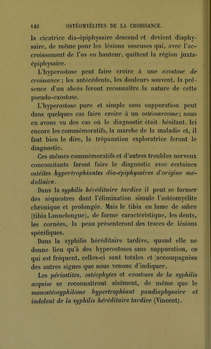 la cicatrice dia-épiphysaire descend et devient diaphy- saire, de même pour les lésions osseuses qui, avec l'ac- croissement de l'os en hauteur, quittent la région juxta- épiphysaire. L'hyperostose peut faire croire à une exostose de croissance ; les antécédents, les douleurs souvent, la pré- sence d'un abcès feront reconnaître la nature de cette pseudo-exostose. L'hyperostose pure et simple sans suppuration peut dans quelques cas faire croire à un osléosarcome-, nous en avons vu des cas où le diagnostic était hésitant. Ici encore les commémoratifs, la marche de la maladie et, il faut bien le dire, la trépanation exploratrice feront le diagnostic. Ces mômes commémoratifs et d'autres troubles nerveux concomitants feront faire le diagnostic avec certaines ostéites hypertrophiantes dia-épiphysaires d'origine mé- dullaire. Dans la syphilis héréditaire tardive il peut se former des séquestres dont l'élimination simule l'ostéomyélite chronique et prolongée. Mais le tibia en lame de sabre (tibia Lannelongue), déforme caractéristique, les dents, les cornées, la peau présenteront des traces de lésions spécifiques. Dans la syphilis héréditaire tardive, quand elle ne donne lieu qu'à des hyperostoses sans suppuration, ce qui est fréquent, celles-ci sont totales et jaccompagnées des autres signes que nous venons d'indiquer. Les périostites, ostéophytes et exostoses de la syphilis acquise se reconnaîtront aisément, de même que le monostéosyphilome hypertrophiant pandiaphysaire et indolent de la syphilis héréditaire tardive (Vincent).