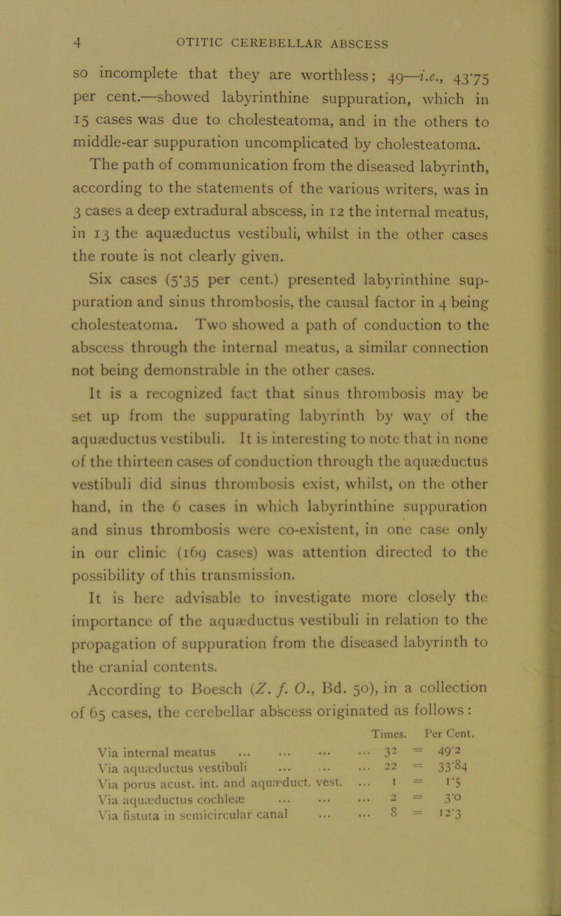 so incomplete that they are worthless; 49—i.e., 4375 per cent.—showed labyrinthine suppuration, which in 15 cases was due to cholesteatoma, and in the others to middle-ear suppuration uncomplicated by cholesteatoma. The path of communication from the diseased labyrinth, according to the statements of the various writers, was in 3 cases a deep extradural abscess, in 12 the internal meatus, in 13 the aquaeductus vestibuli, whilst in the other cases the route is not clearly given. Six cases (5*35 per cent.) presented labyrinthine sup- puration and sinus thrombosis, the causal factor in 4 being cholesteatoma. Two showed a path of conduction to the abscess through the internal meatus, a similar connection not being demonstrable in the other cases. It is a recognized fact that sinus thrombosis may be set up from the suppurating labyrinth by way of the aquaeductus vestibuli. It is interesting to note that in none of the thirteen cases of conduction through the aquaeductus vestibuli did sinus thrombosis exist, whilst, on the other hand, in the 6 cases in which labyrinthine suppuration and sinus thrombosis were co-existent, in one case only in our clinic (169 cases) was attention directed to the possibility of this transmission. It is here advisable to investigate more closely the importance of the aquaeductus vestibuli in relation to the propagation of suppuration from the diseased labyrinth to the cranial contents. According to Boesch (Z. /. 0., Bd. 50), in a collection of 65 cases, the cerebellar abscess originated as follows : Times. Per Cent. Via internal meatus ... 32 = 49'2 Via aquaeductus vestibuli ... 22 = 33-84 Via porus acust. int. and aquaeduct. vest. I = I’S Via aquaeductus cochleae ... 2 = 3-0 Via fistuta in semicircular canal ... 8 = 12’3