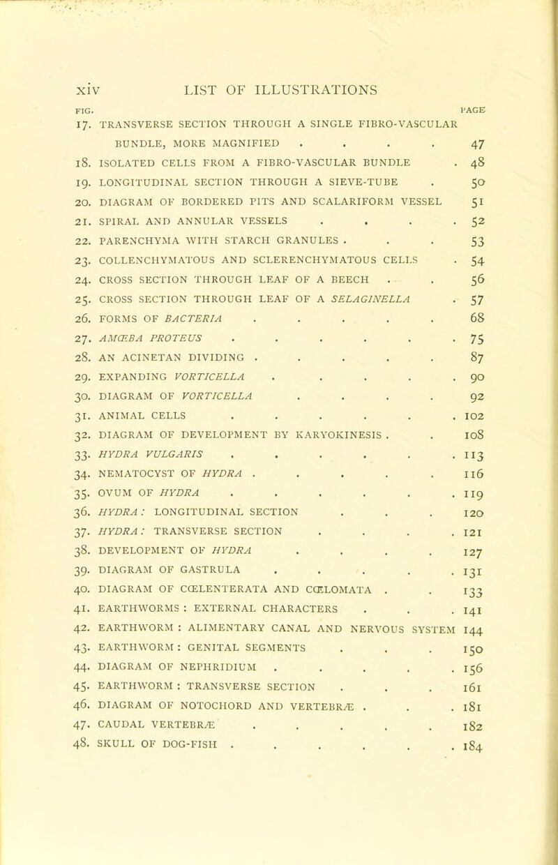 FIG. I'AGE 17. TRANSVERSE SECTION THROUGH A SINGLE FIBRO-VASCULAR BUNDLE, MORE MAGNIFIED .... 47 18. ISOLATED CELLS FROM A FIBRO-VASCULAR BUNDLE . 48 19. LONGITUDINAL SECTION THROUGH A SIEVE-TUBE . 50 20. DIAGRAM OF BORDERED PITS AND SCALARIFORM VESSEL 51 21. SPIRAL AND ANNULAR VESSELS . . . -52 22. PARENCHYMA WITH STARCH GRANULES • . . 53 23. COLLENCHYMATOUS AND SCLERENCHYMATOUS CELLS . 54 24. CROSS SECTION THROUGH LEAF OF A BEECH . . 56 25. CROSS SECTION THROUGH LEAF OF A SELAGINELLA . 57 26. FORMS OF BACTERIA ..... 68 27. AMCEBA PROTEUS . . . . . -75 28. AN ACINETAN DIVIDING ..... 87 29. EXPANDING VORTICELLA . . . . • QO 30. DIAGRAM OF VORTICELLA .... 92 31. ANIMAL CELLS ...... 102 32. DIAGRAM OF DEVELOPMENT BY KARYOKINESIS . . loS 33. HYDRA VULGARIS . . . . . -113 34. NEMATOCYST OF HYDRA . . . . . I16 35. OVUM OF HYDRA . . . . . . II9 36. HYDRA : LONGITUDINAL SECTION . . . 12O 37. hydra: TRANSVERSE SECTION . . . .121 38. DEVELOPMENT OF HYDRA . . . . I27 39. DIAGRAM OF GASTRULA . . . . • I3I 40. DIAGRAM OF CCELENTERATA AND CCELOMATA . . 133 41. EARTHWORMS : EXTERNAL CHARACTERS . . . I4I 42. EARTHWORM : ALIMENTARY CANAL AND NERVOUS SYSTEM I44 43. EARTHWORM: GENITAL SEGMENTS . . . 150 44. DIAGRAM OF NEPHRIDIUM ..... 156 45. EARTHWORM : TRANSVERSE SECTION . . . 161 46. DIAGRAM OF NOTOCHORD AND VERTEBR/^; . . . l8l 47. CAUDAL VERTEBR/E ..... 182 48. SKULL OF DOG-FISH . . . . . .184
