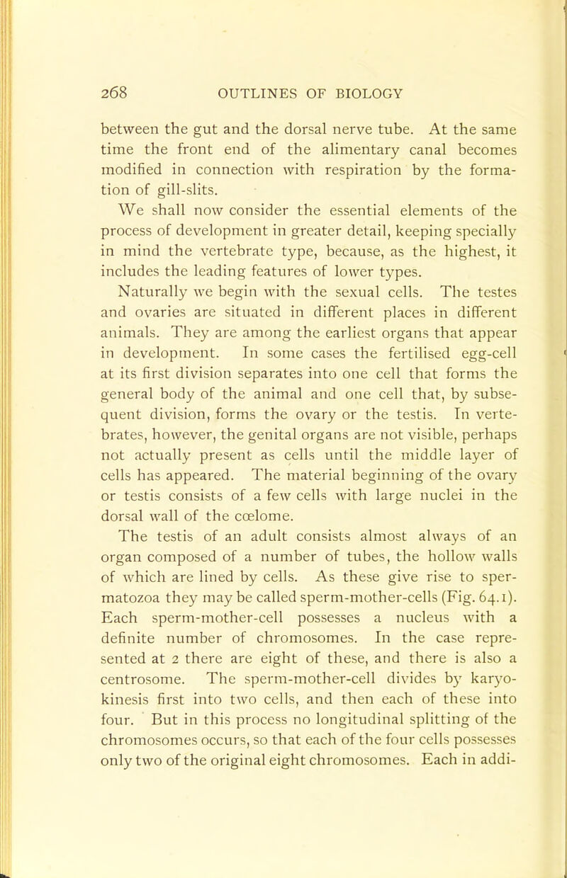 between the gut and the dorsal nerve tube. At the same time the front end of the aHmentary canal becomes modified in connection with respiration by the forma- tion of gill-slits. We shall now consider the essential elements of the process of development in greater detail, keeping specially in mind the vertebrate type, because, as the highest, it includes the leading features of lower types. Naturally we begin with the sexual cells. The testes and ovaries are situated in different places in different animals. They are among the earliest organs that appear in development. In some cases the fertilised egg-cell at its first division separates into one cell that forms the general body of the animal and one cell that, by subse- quent division, forms the ovary or the testis. In verte- brates, however, the genital organs are not visible, perhaps not actually present as cells until the middle layer of cells has appeared. The material beginning of the ovary or testis consists of a few cells with large nuclei in the dorsal wall of the coelome. The testis of an adult consists almost always of an organ composed of a number of tubes, the hollow walls of which are lined by cells. As these give rise to sper- matozoa they may be called sperm-mother-cells (Fig. 64.1). Each sperm-mother-cell possesses a nucleus with a definite number of chromosomes. In the case repre- sented at 2 there are eight of these, and there is also a centrosome. The sperm-mother-cell divides by karyo- kinesis first into two cells, and then each of these into four. But in this process no longitudinal splitting of the chromosomes occurs, so that each of the four cells possesses only two of the original eight chromosomes. Each in addi-