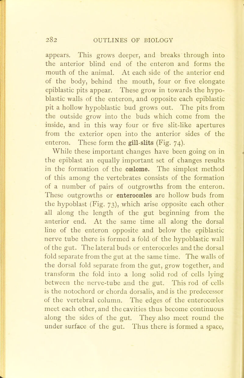 appears. This grows deeper, and breaks through into the anterior bHnd end of the enteron and forms the mouth of the animal. At each side of the anterior end of the body, behind the mouth, four or five elongate epiblastic pits appear. These grow in towards the hypo- blastic walls of the enteron, and opposite each epiblastic pit a hollow hypoblastic bud grows out. The pits from the outside grow into the buds which come from the inside, and in this way four or five slit-like apertures from the exterior open into the anterior sides of the enteron. These form the gill-slits (Fig. 74). While these important changes have been going on in the epiblast an equally important set of changes results in the formation of the ccelome. The simplest method of this among the vertebrates consists of the formation of a number of pairs of outgrowths from the enteron. These outgrowths or enterocceles are hollow buds from the hypoblast (Fig. 73), which arise opposite each other all along the length of the gut beginning from the anterior end. At the same time all along the dorsal line of the enteron opposite and below the epiblastic nerve tube there is formed a fold of the hypoblastic wall of the gut. The lateral buds or enterocoeles and the dorsal fold separate from the gut at the same time. The walls of the dorsal fold separate from the gut, grow together, and transform the fold into a long solid rod of cells lying between the nerve-tube and the gut. This rod of cells is the notochord or chorda dorsalis, and is the predecessor of the vertebral column. The edges of the enterocceles meet each other, and the cavities thus become continuous along the sides of the gut. They also meet round the under surface of the gut. Thus there is formed a space.