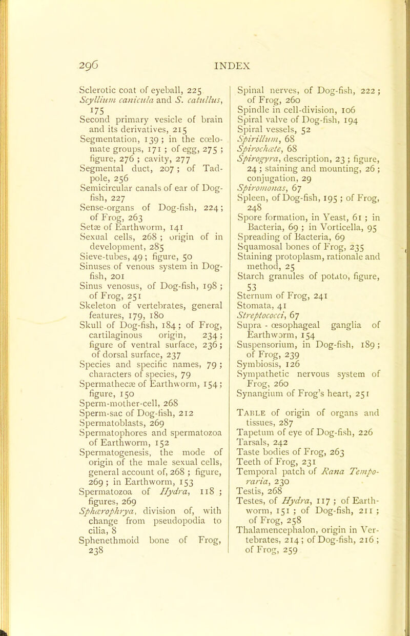 Sclerotic coat of eyeball, 225 Scyllhiiii caniciila and S. Catullus^ Second primary vesicle of brain and its derivatives, 215 Segmentation, 139; in the coelo- mate groups, 171 ; of egg, 275 ; figure, 276 ; cavity, 277 Segmental duct, 207; of Tad- pole, 256 Semicircular canals of ear of Dog- fish, 227 Sense-organs of Dog-fish, 224; of Frog, 263 Setae of Earthworm, 141 Sexual cells, 268 ; origin of in development, 285 Sieve-tubes, 49 ; figure, 50 Sinuses of venous system in Dog- fish, 201 Sinus venosus, of Dog-fish, 198 ; of Frog, 251 Skeleton of vertebrates, general features, 179, 180 Skull of Dog-fish, 184; of Frog, cartilaginous origin, 234; figure of ventral surface, 236; of dorsal surface, 237 Species and specific names, 79 5 characters of species, 79 SpermathecEe of Earthworm, 154; figure, 150 Sperm-mother-cell, 268 Sperm-sac of Dog-fish, 212 Spermatoblasts, 269 Spermatophores and spermatozoa of Earthworm, 152 Spermatogenesis, the mode of origin of the male sexual cells, general account of, 268 ; figure, 269 ; in Earthworm, 153 Spermatozoa of I/ydra, 118 ; figures, 269 Splutrophrya, division of, with change from pseudopodia to cilia, 8 Sphenethmoid bone of Frog, 238 Spinal nerves, of Dog-fish, 222 ; of Frog, 260 Spindle in cell-division, 106 Spiral valve of Dog-fish, 194 Spiral vessels, 52 Spmlliim, 68 SpirocJhcte, 68 Spirog^'ra, description, 23 ; figure, 24 ; staining and mounting, 26 ; conjugation, 29 Spiroiiwnas, 67 Spleen, of Dog-fish, 195 ; of Frog, 248 Spore formation, in Yeast, 61 ; in Bacteria, 69 ; in Vorticella, 95 Spreading of Bacteria, 69 Squamosal bones of Frog, 235 Staining protoplasm, rationale and method, 25 Starch granules of potato, figure, 53 Sternum of Frog, 241 Stomata, 41 Streptococci, 67 Supra - oesophageal ganglia of Earthworm, 154 Suspensorium, in Dog-fish, 189; of Frog, 239 Symbiosis, 126 Sympathetic nervous system of Frog, 260 Synangium of Frog's heart, 251 Table of origin of organs and tissues, 287 Tapetum of eye of Dog-fish, 226 Tarsals, 242 Taste bodies of Frog, 263 Teeth of Frog, 231 Temporal patch of Rana Teinpo- raria, 230 Testis, 268 Testes, of Hydra, 117 ; of Earth- worm, 151 ; of Dog-fish, 211 ; of Frog, 258 Thalamencephalon, origin in Ver- tebrates, 214; of Dog-fish, 216; of Frog, 259