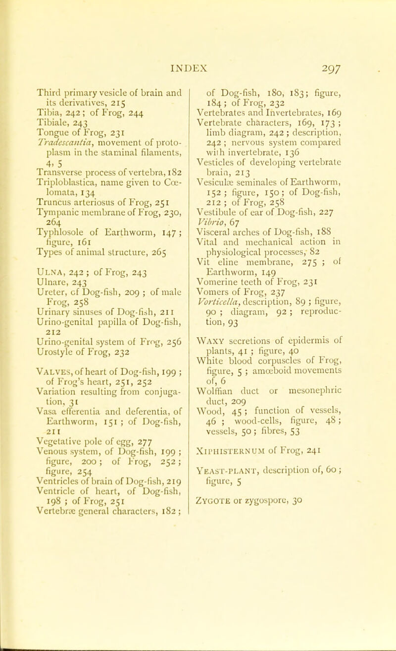 Third primary vesicle of brain and its derivatives, 215 Tibia, 242 ; of Frog, 244 Tibiale, 243 Tongue of Frog, 231 TradescaiUia, movement of proto- plasm in the staminal filaments, 4, 5 Transverse process of vertebra, 182 Triploblastica, name given to Cce- lomata, 134 Truncus arteriosus of Frog, 251 Tympanic membrane of Frog, 230, 264 Typhlosole of Earthworm, 147 ; figure, 161 Types of animal structure, 265 Ulna, 242; of Frog, 243 Ulnare, 243 Ureter, of Dog-fish, 209 ; of male Frog, 258 Urinary sinuses of Dog-fish, 2H Urino-genital papilla of Dog-fish, 212 Urino-genital system of Frog, 256 Urostyle of Frog, 232 Valves, of heart of Dog-fish, 199 ; of Frog's heart, 251, 252 Variation resulting from conjuga- tion. 31 Vasa efferentia and deferentia, of Earthworm, 151 ; of Dog-fish, 211 Vegetative pole of egg, 277 Venous system, of Dog-fish, 199 ; figure, 200; of Frog, 252; figure, 254 Ventricles of brain of Dog-fish, 219 Ventricle of heart, of Dog-fish, 198 ; of Frog, 251 Vertebrte general characters, 182 ; of Dog-fish, 180, 183; figure, 184; of Frog, 232 Vertebrates and Invertebrates, 169 Vertebrate characters, 169, 173 ; limb diagram, 242 ; description, 242 ; nervous system compared wiih invertebrate, 136 Vesticles of developing vertebrate brain, 213 Vesiculre seminales of Earthworm, 152; figure, 150; of Dog-fish, 212 ; of Frog, 258 Vestibule of ear of Dog-fish, 227 Vibrio, 67 Visceral arches of Dog-fish, 188 Vital and mechanical action in physiological processes, 82 Vit eline membrane, 275 ; of Earthworm, 149 Vomerine teeth of Frog, 231 Vomers of Frog, 237 F<7;-//Vc//rt, description, 89 ; figure, 90 ; diagram, 92 ; reproduc- tion, 93 Waxy secretions of epidermis of plants, 41 ; figure, 40 White blood corpuscles of Frog, figure, 5 ; amoiboid movements of, 6 Wolffian duct or mesonephric duct, 209 Wood, 45; function of vessels, 46 ; wood-cells, figure, 48; vessels, 50 ; fibres, 53 Xii'illSTERNUM of Frog, 241 Yeas T-PLANT, description of, 60 ; figure, 5 Zygote or zygospore, 30