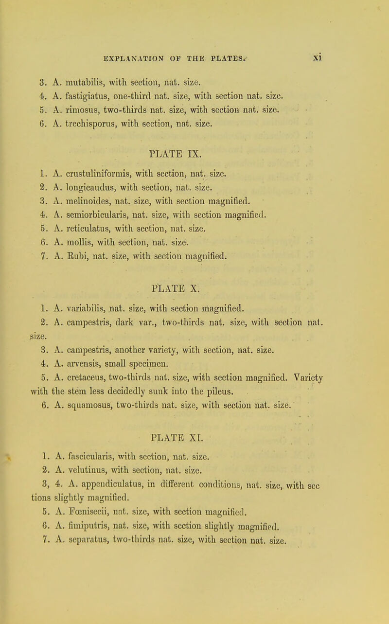 3. A. mutabilis, with section, nat. size. 4. A. fastigiatus, one-third nat. size, with section nat. size. 5. A. rimosus, two-thirds nat. size, with section nat. size. 6. A. trechisporus, with section, nat. size. PLATE IX. 1. A. crustuliniformis, with section, nat. size. 2. A. longicaudus, with section, nat. size. 3. A. melinoides, nat. size, with section magnified. 4. A. semiorbicularis, nat. size, with section magnified. 5. A. reticulatus, witli section, nat. size. 6. A. mollis, with section, nat. size. 7. A. Eubi, nat. size, with section magnified. PLATE X. 1. A. variabilis, nat. size, with section magnified. 2. A. carapestris, dark var., two-thirds nat. size, with section nat. size. 3. A. campestris, another variety, with section, nat. size. 4. A. arvensis, small specimen. 5. A. cretaceus, two-thirds nat. size, with section magnified. Variety with the stem less decidedly sunk into the pileus. 6. A. squamosus, two-thirds nat. size, with section nat. size. PLATE XI. 1. A. fascicularis, with section, nat. size. 2. A. velutinus, with section, nat. size. 3. 4. A. appendiculatus, in different conditions, nat. size, with sec tions sliglitly magnified. 5. A. Focnisecii, nat. size, witli section magnified. 6. A. fimiputris, nat. size, with section slightly mtignificd. 7. A. separatus, two-thirds nat. size, with section nat. size.