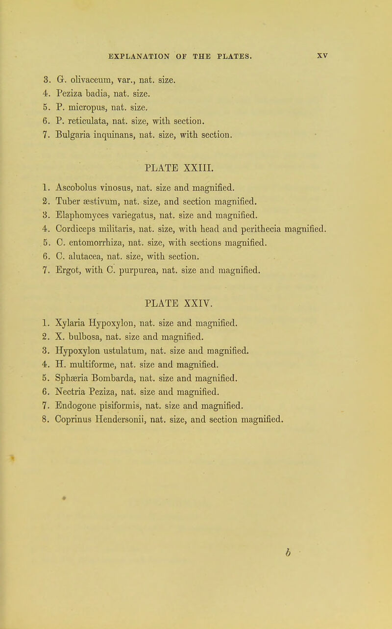 3. G. olivaceiim, var., nat. size. 4. Peziza badia, nat. size. 5. P. micropus, nat. size. 6. P. reticulata, nat. size, with section. 7. Bulgaria inquinans, nat. size, with section. PLATE XXIII. 1. Ascobolus vinosus, nat. size and naagnified. 3. Tuber sestivuin, nat. size, and section magnified. 3. Elaphomyces variegatus, nat. size and magnified. 4. Cordiceps militaris, nat. size, with head and perithecia magnified. 5. C. entomon-hiza, nat. size, with sections magnified. 6. C. alutacea, nat. size, with section. 7. Ergot, with C. purpurea, nat. size and magnified. PLATE XXIV. 1. Xylaria Hypoxylon, nat. size and magnified. 2. X. bulbosa, nat. size and magnified. 3. Hypoxylon ustulatum, nat. size and magnified. 4. H. multiforme, nat. size and magnified. 5. Sphseria Bombarda, nat. size and magnified. 6. Nectria Peziza, nat. size and magnified. 7. Endogone pisiformis, nat. size and magnified. 8. Coprinus Hendersonii, nat. size, and section magnified. h